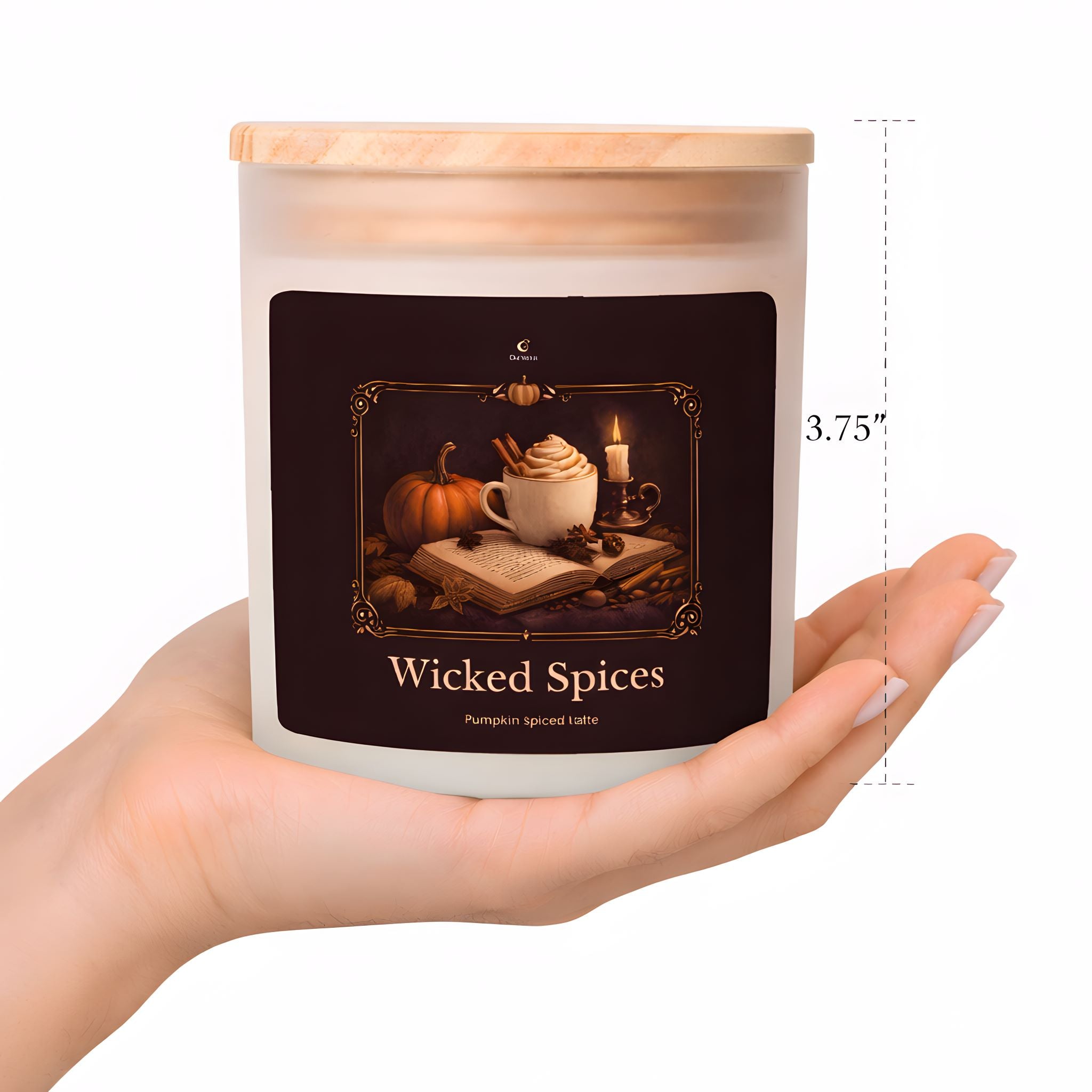 Candle labeled 'Wicked Spices' in pumpkin spiced latte scent held in a hand with dimensions displayed.