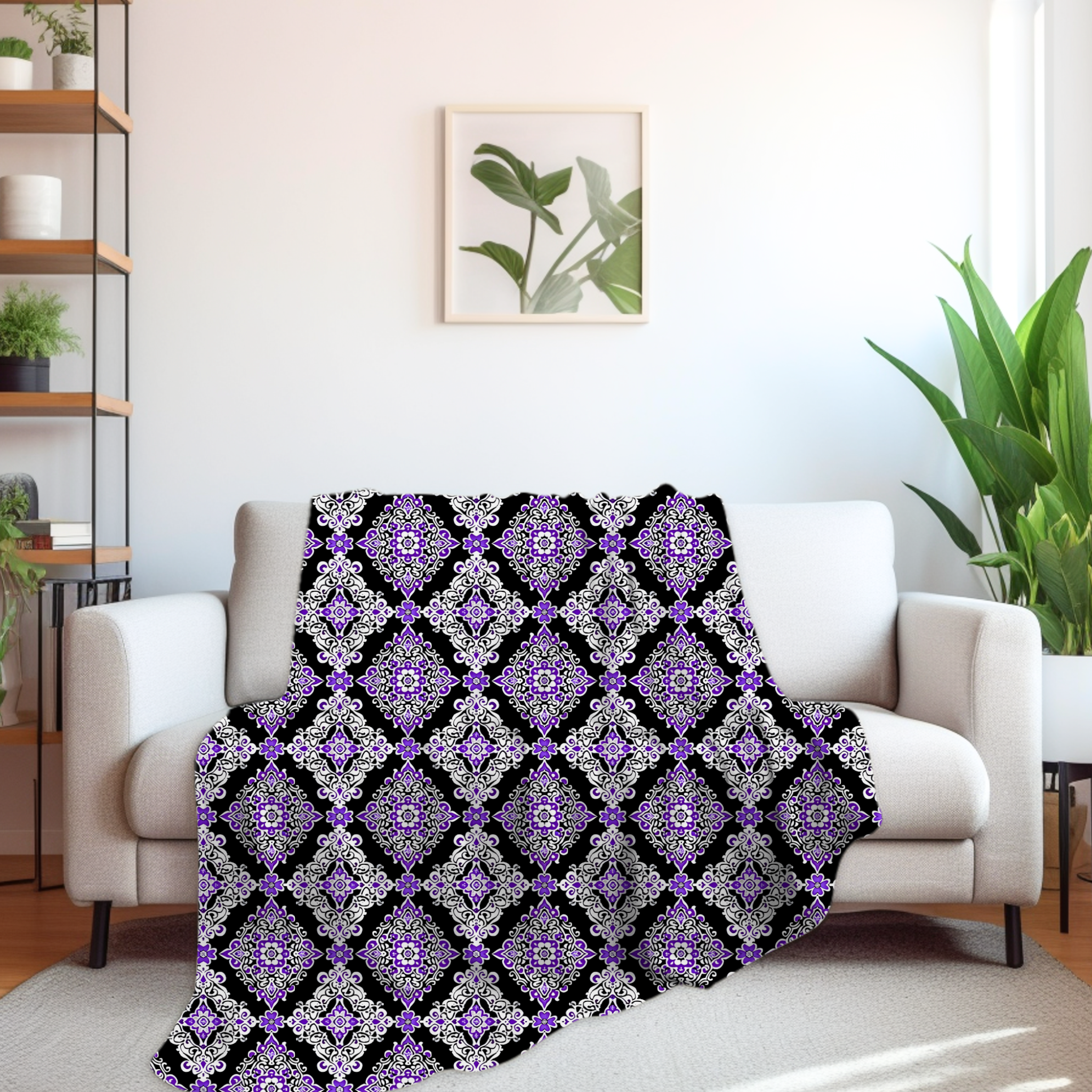 Purple & White Damask Throw Blanket: Midnight Majesty