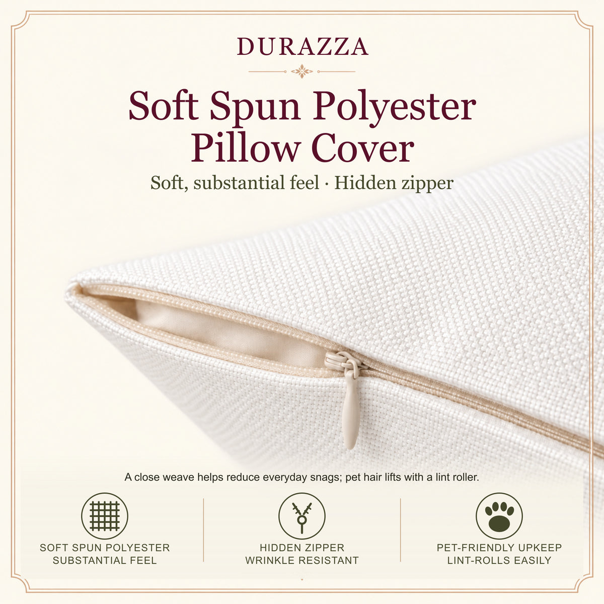 A close-up of a textured off-white pillow cover with a hidden zipper, shown on a cream background with text showing pet friendly textures, and feature icons for Durazza Soft Spun Polyester Pillow Cover.