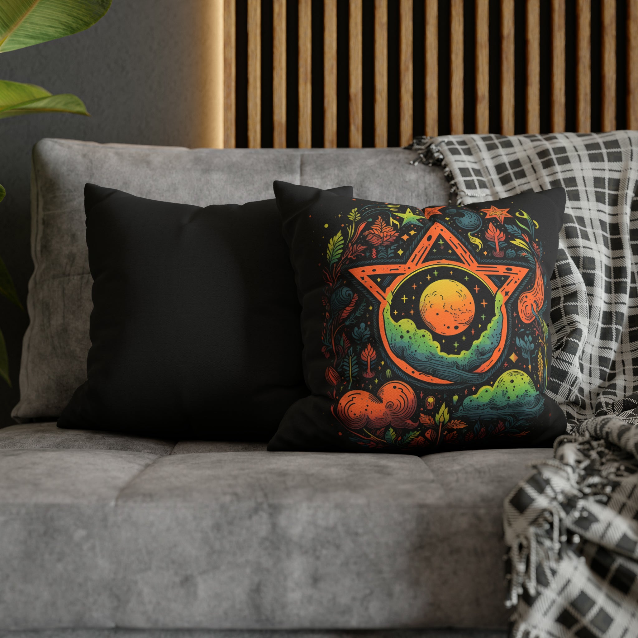 Neon Pentagram Pillow – Woven Polyester Cushion | Cosmic Ritual