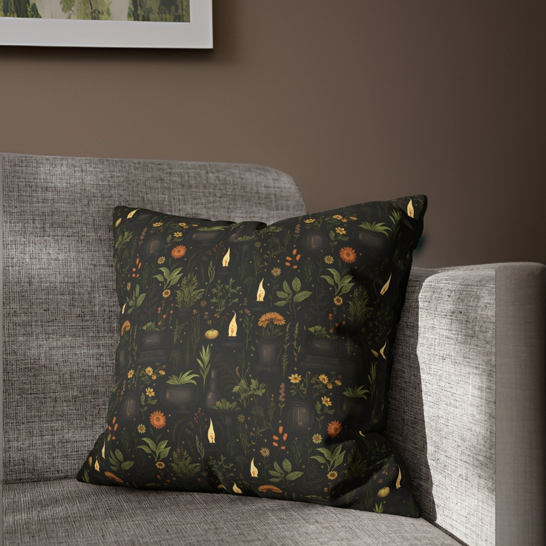 Witchy Botanical Throw Pillow – Faux Suede | Herbal Grimoire