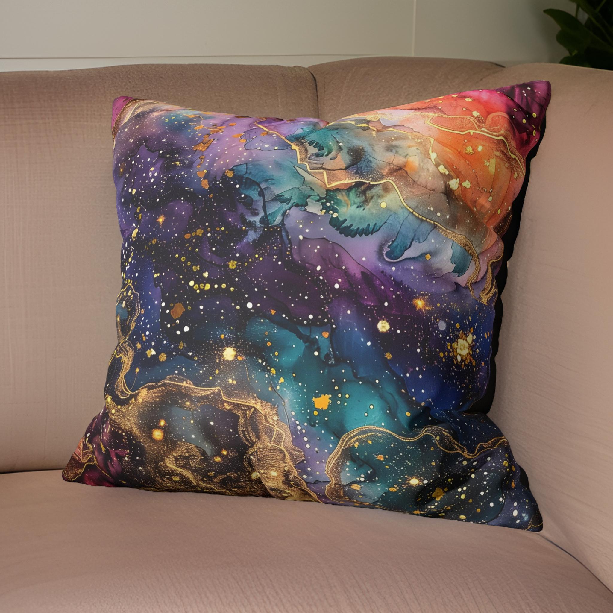 A faux suede throw pillow with a cosmic galaxy design, featuring vibrant colors and celestial motifs, placed on a couch.