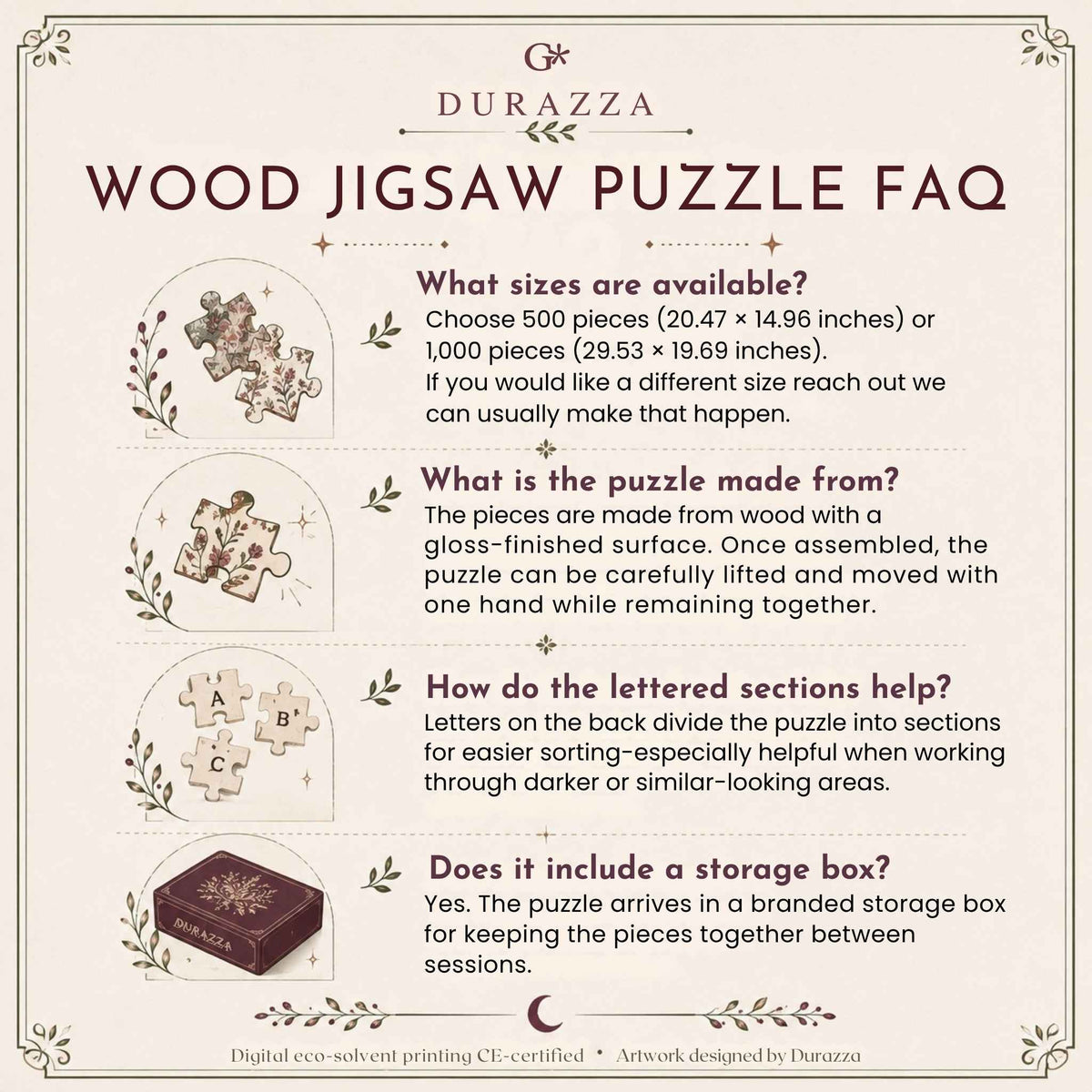 A branded informational graphic titled 'Wood Jigsaw Puzzle FAQ' from Durazza, with five illustrated question-and-answer sections about puzzle size, material, assembly, lettering help, and storage box inclusion.