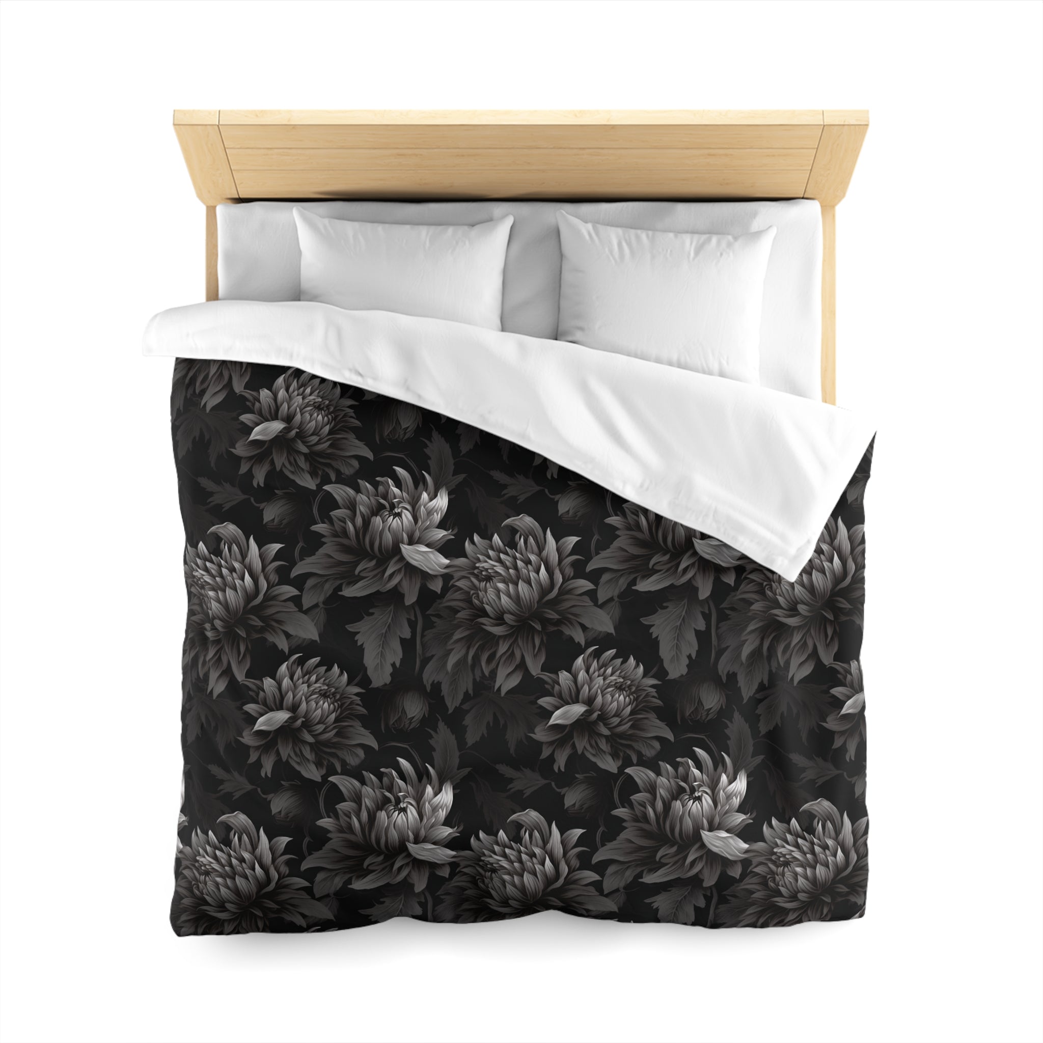 Midnight Black Dahlia Floral Duvet Cover with Pillow Shams, Microfiber