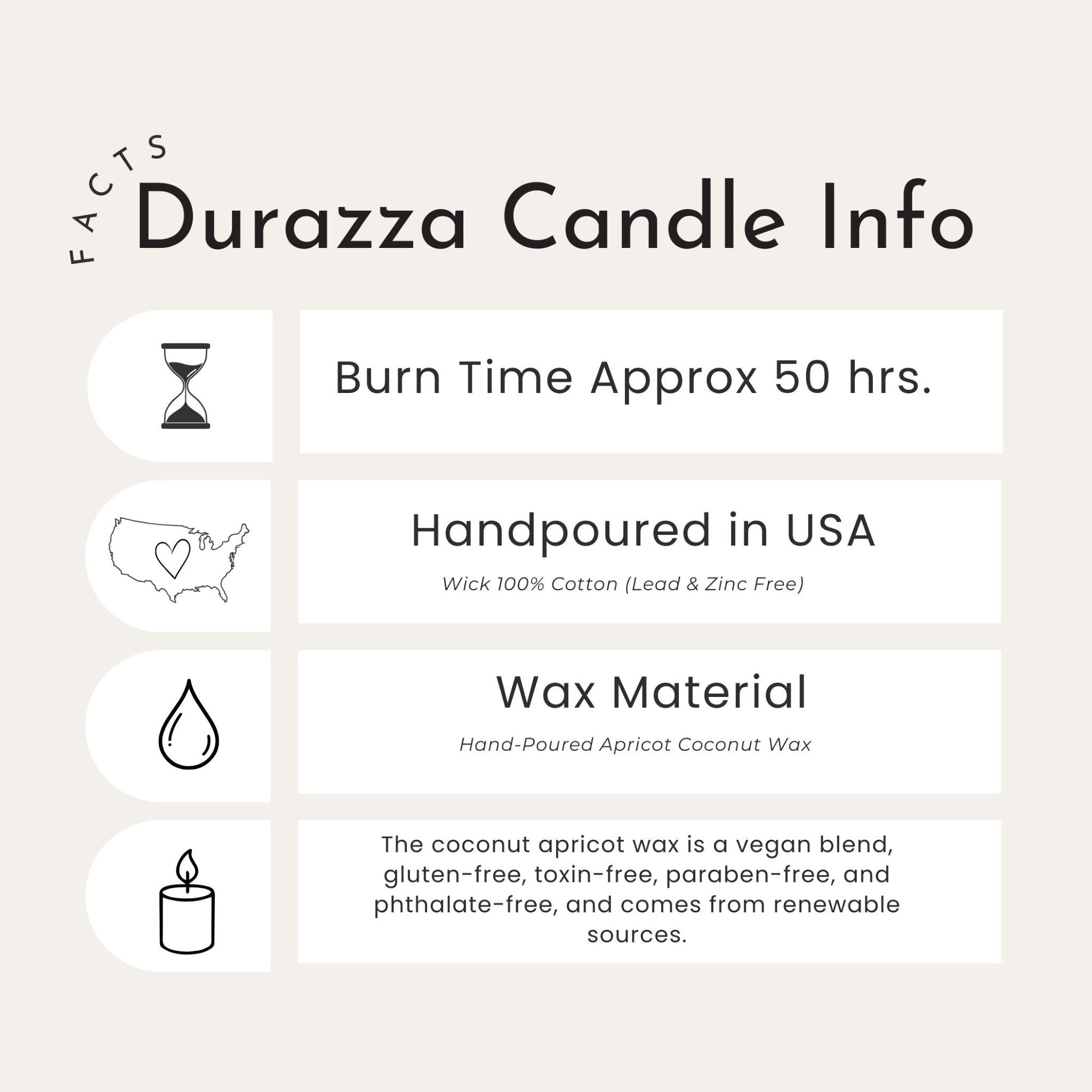 Durazza 9 oz scented candle Info card with burn time, origin, wax material, and safety features on a white background.