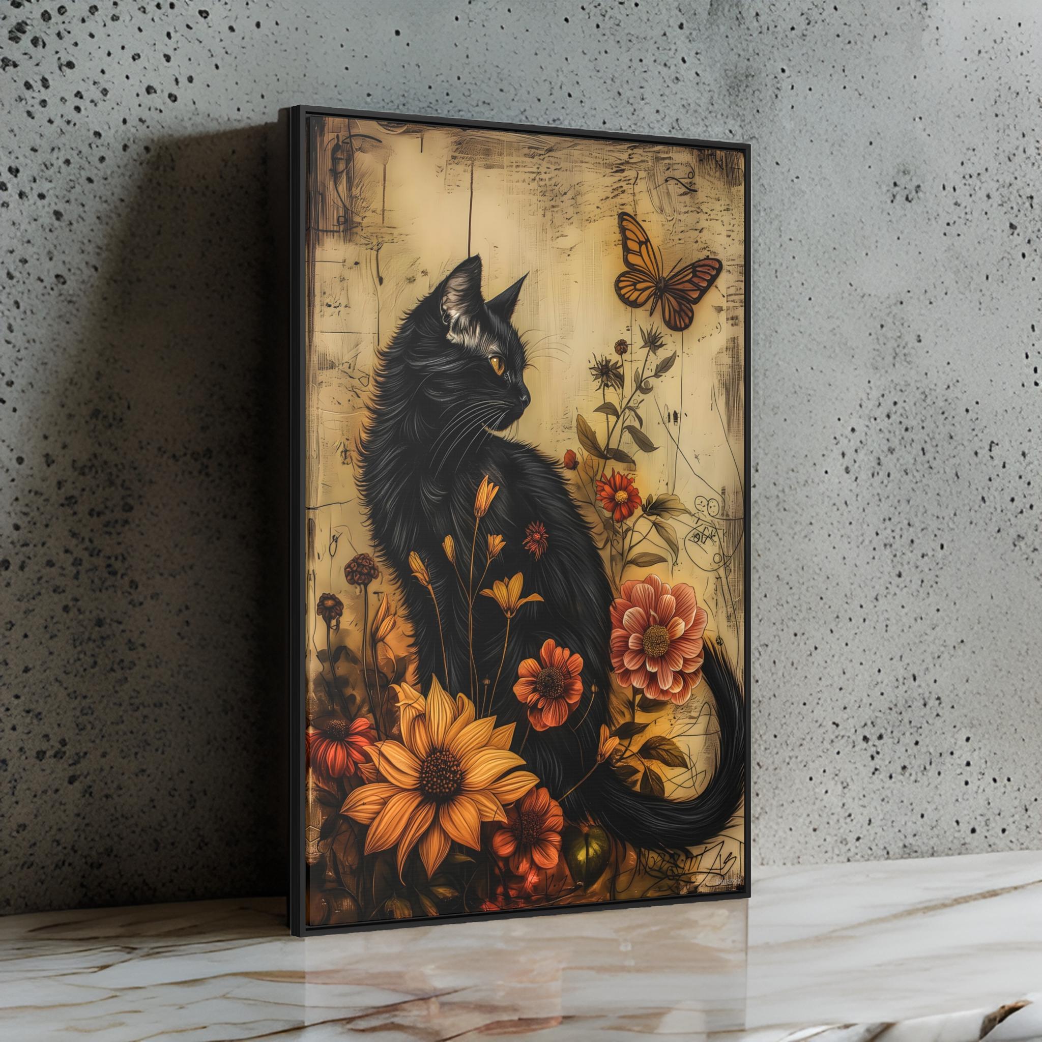 A Feline's Flourish Painting: Black Cat Wall Art