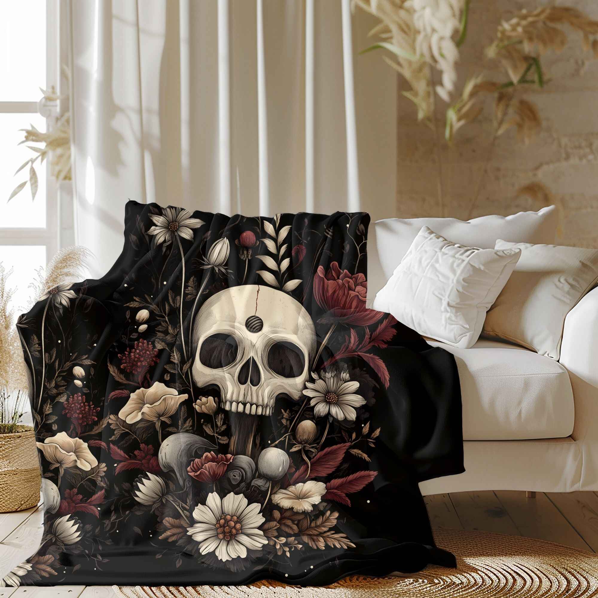 Botanical Throw Blanket: Gothic Horror | Blooming Skull