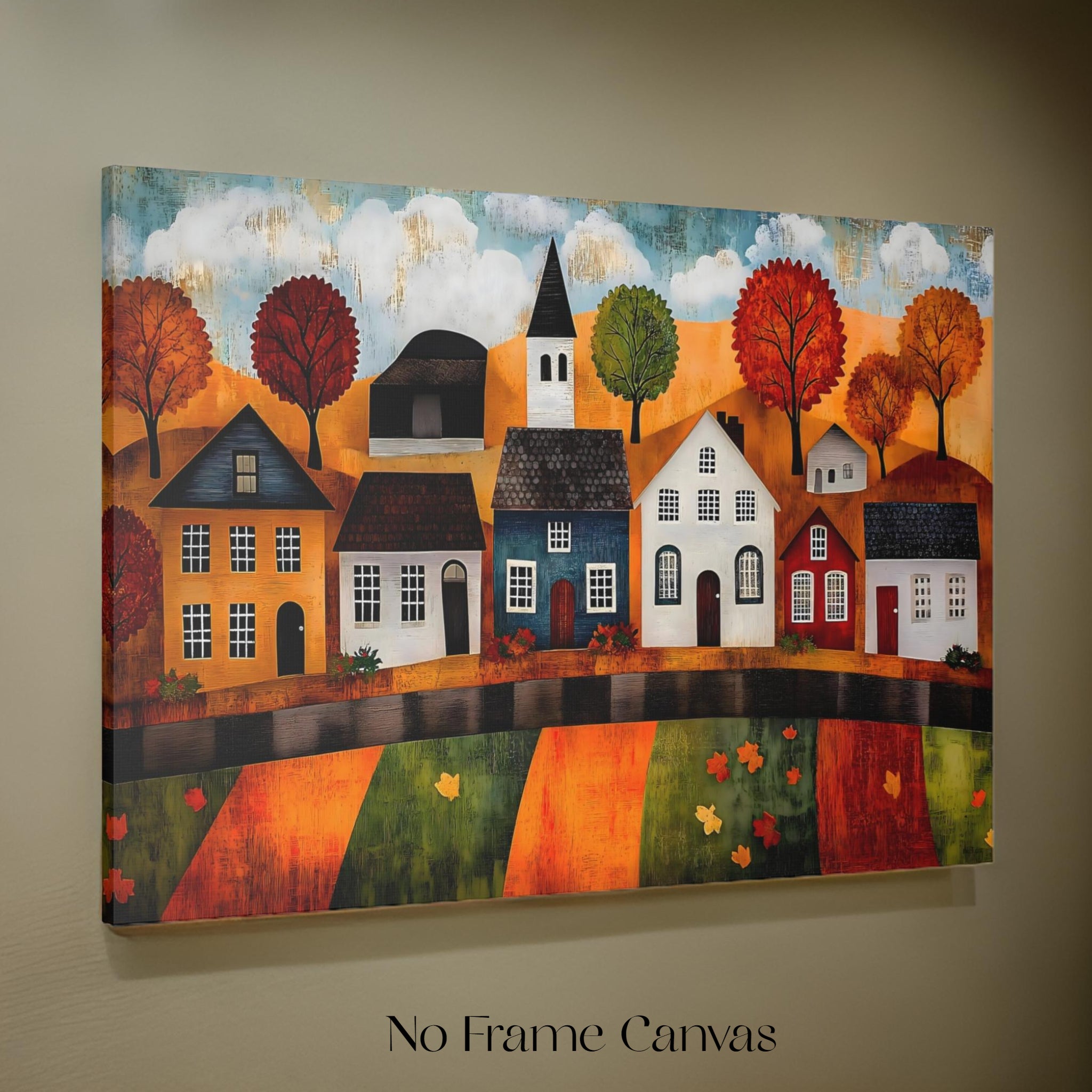 Fall Folk Art Print - Rustic Wall Art | Autumn Village Vista