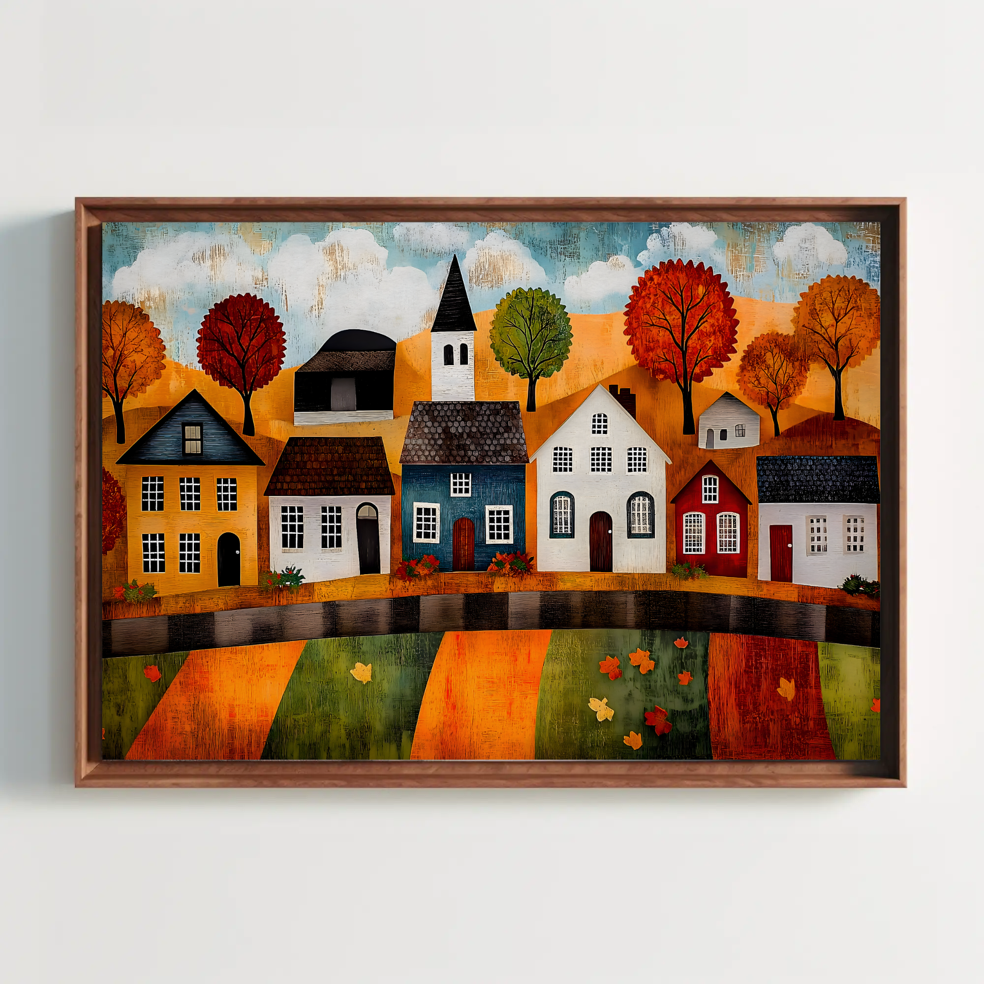 Fall Folk Art Print - Rustic Wall Art | Autumn Village Vista