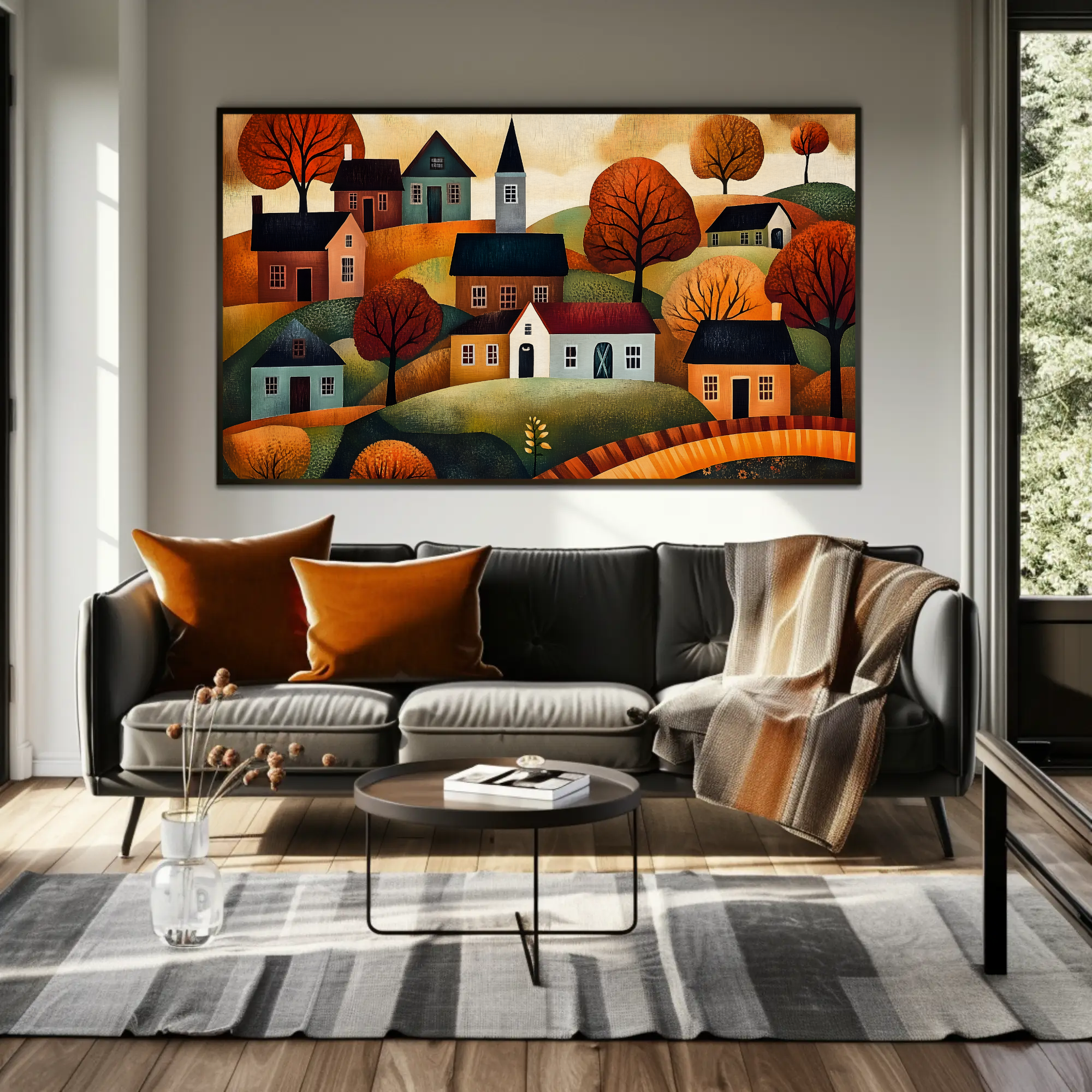 A vibrant fall-themed wall art depicting a picturesque village scene with autumnal colors displayed in a modern living room setting.
