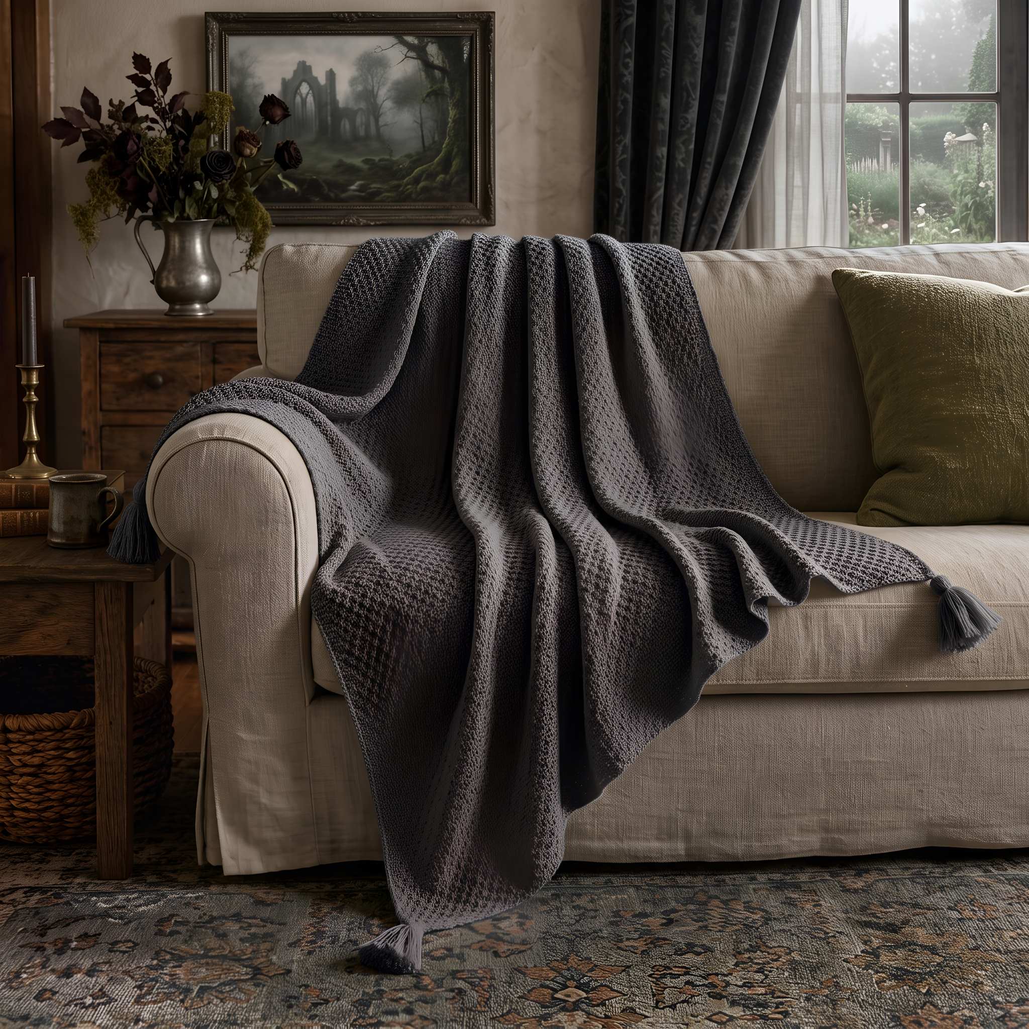 Textured Knit Throw Blanket with Tassels, 51 × 67 in