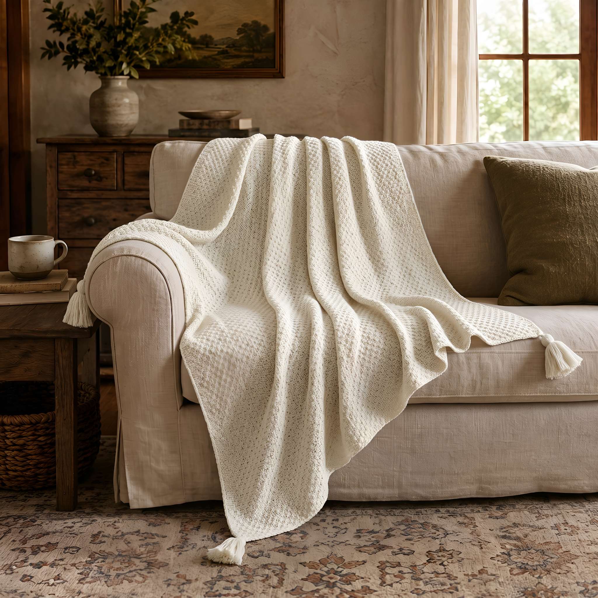 Textured Knit Throw Blanket with Tassels, 51 × 67 in