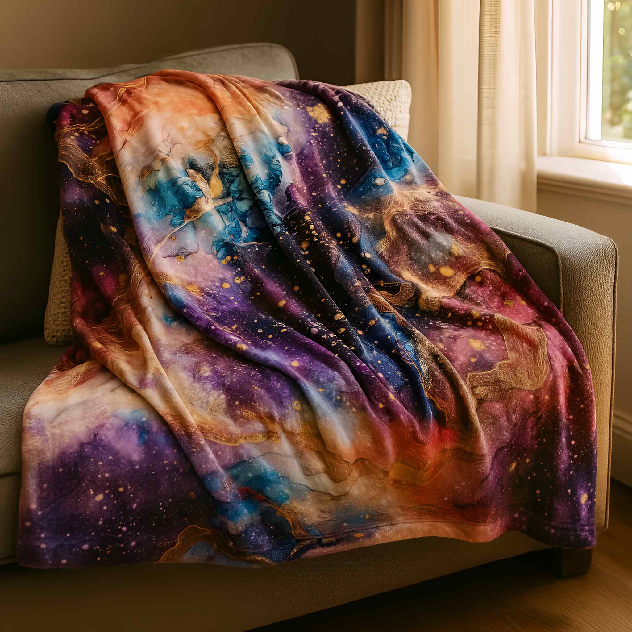 Colorful whimsigoth galaxy blanket draped over a chair in a room with a window.