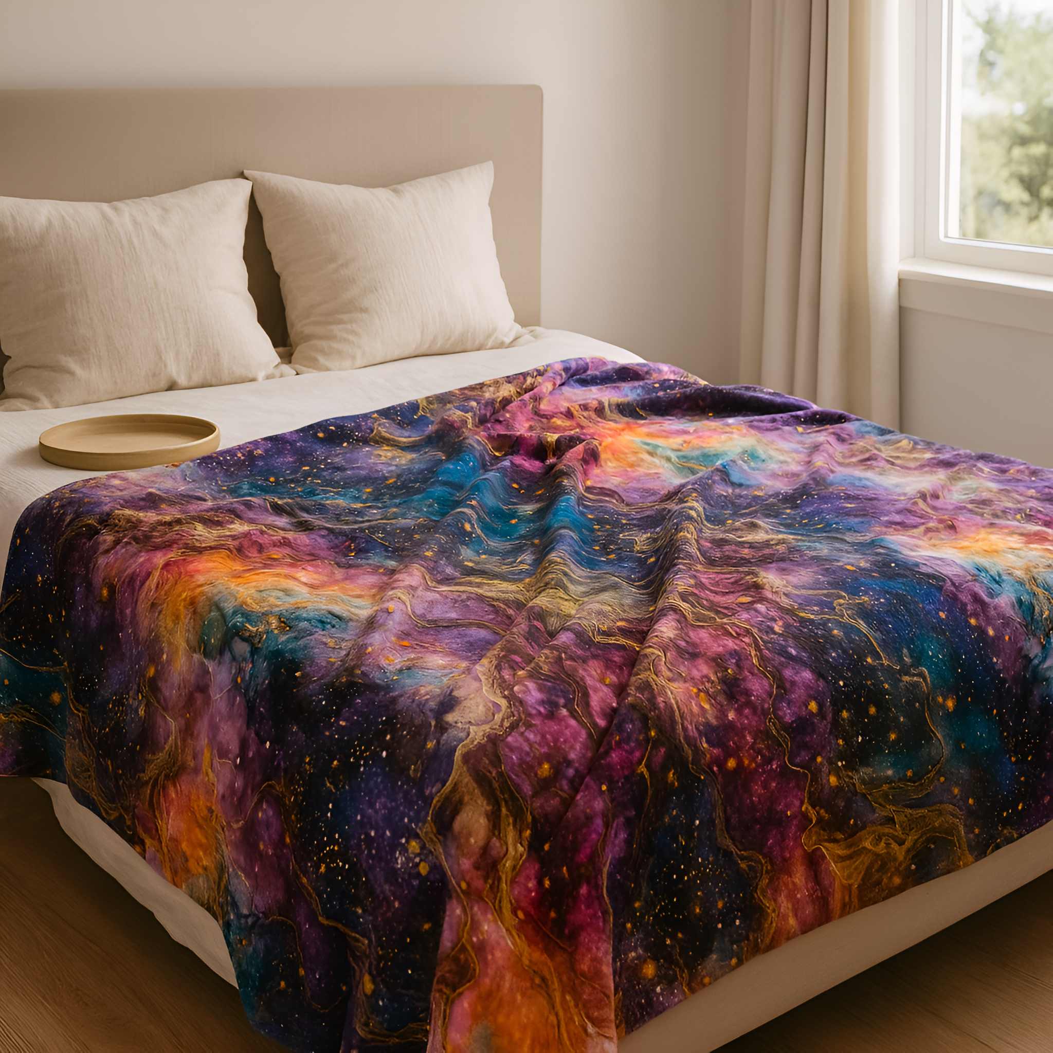 A whimsigoth celestial throw blanket with bright colors laying across a neutral bed.