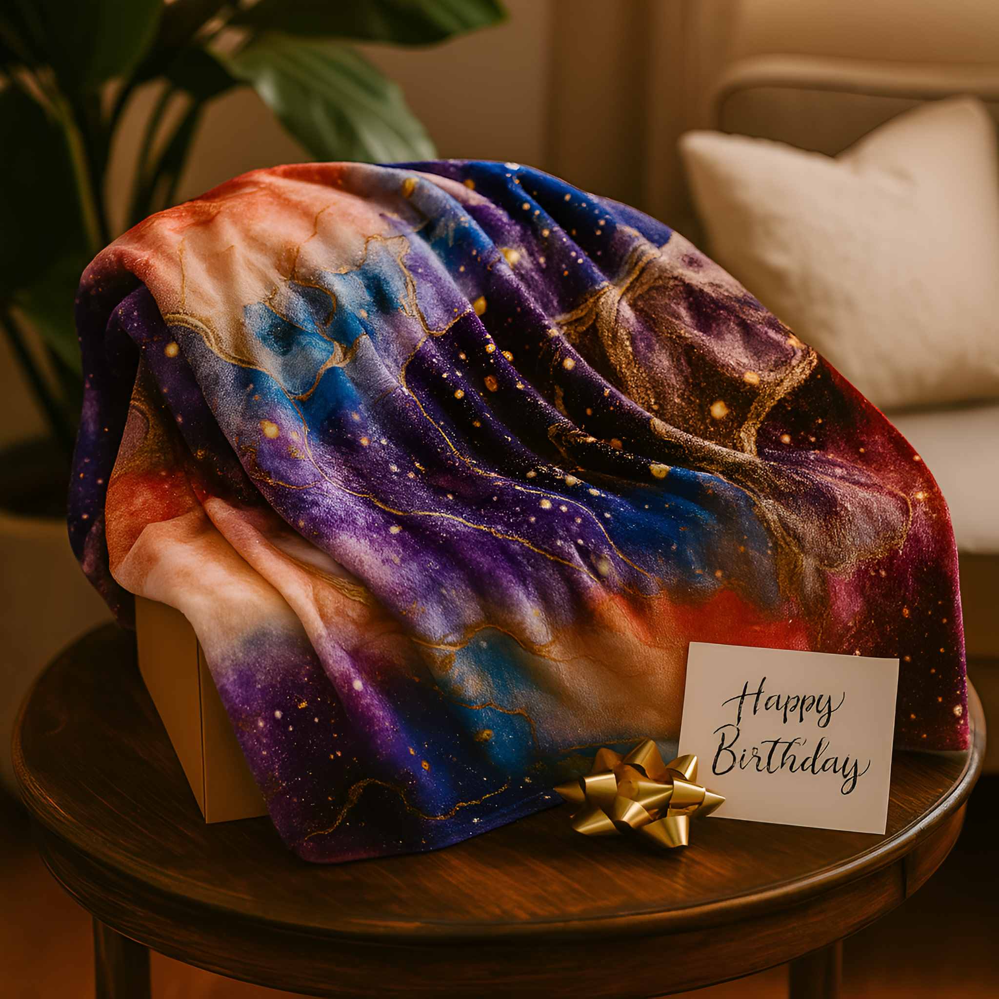 Colorful galaxy blanket on a wooden table with a 'Happy Birthday' card and gold bow.