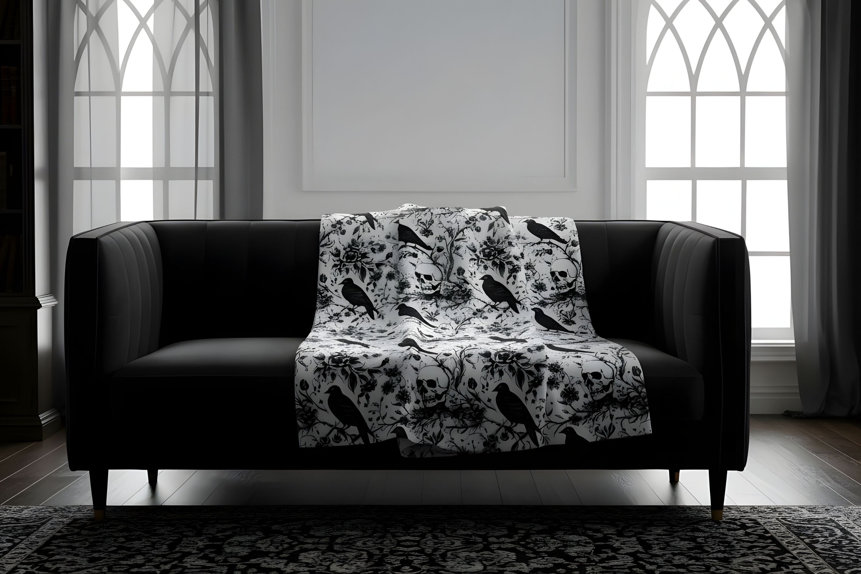 Gothic velveteen throw blanket with black and white skull, raven, and floral pattern on black sofa.