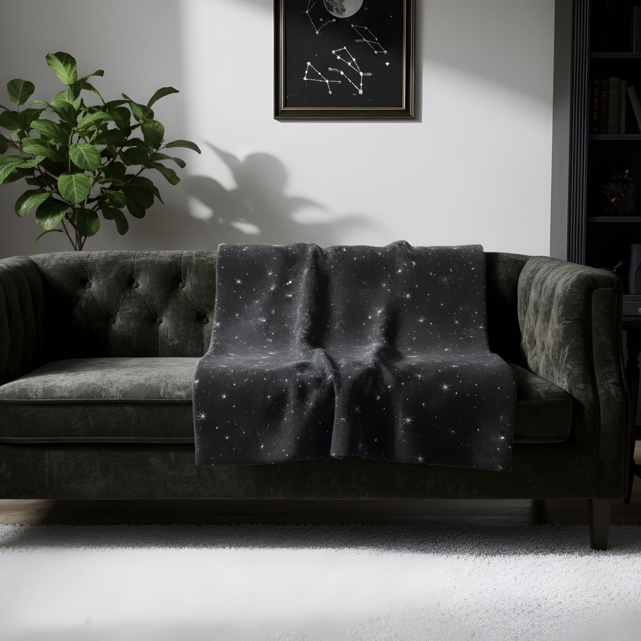 Starry Night celestial throw blanket styled on a dark sofa in a moody gothic living room.