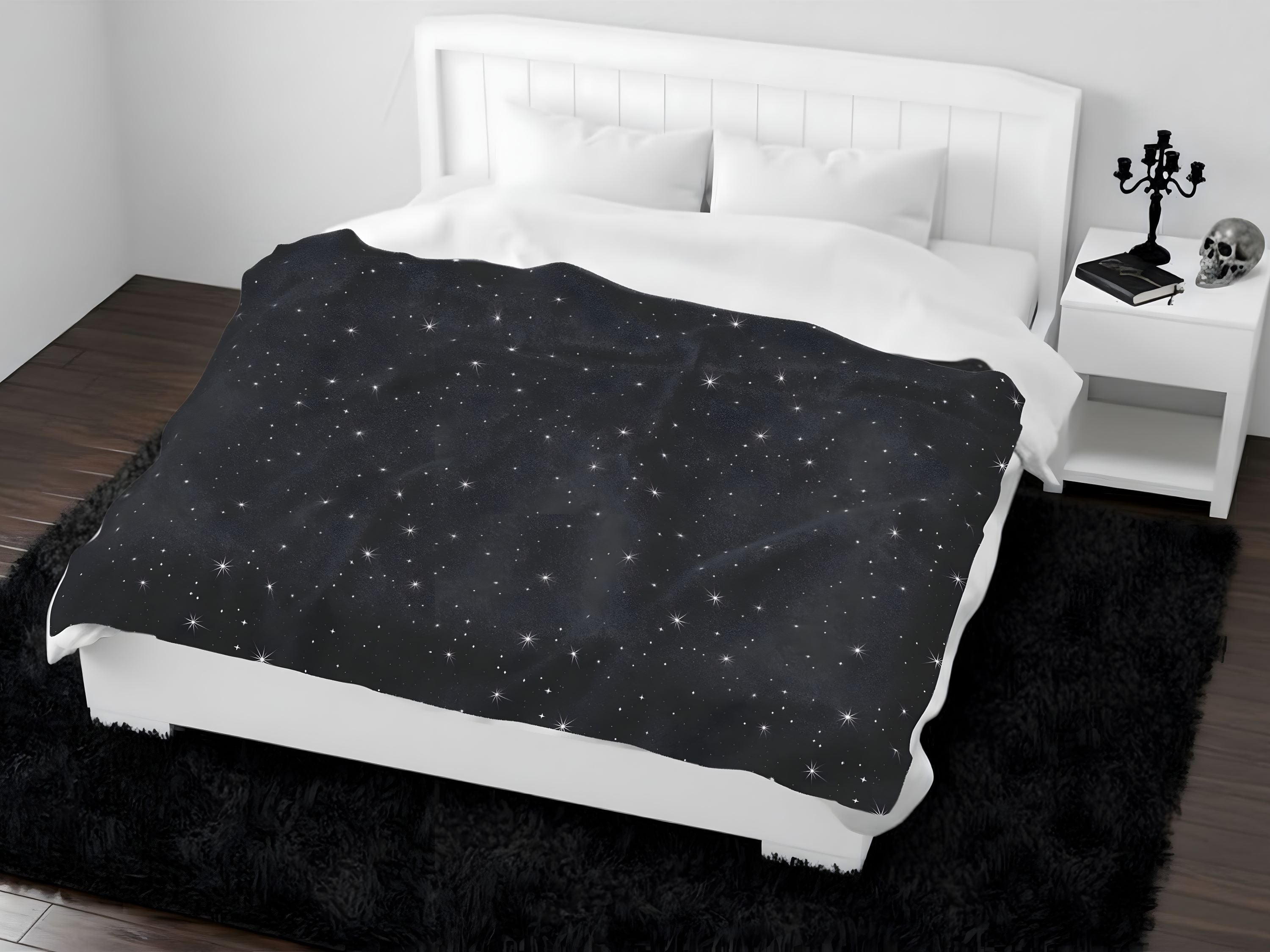 Celestial Gothic throw blanket spread across a queen bed with white pillows gothic home decor.