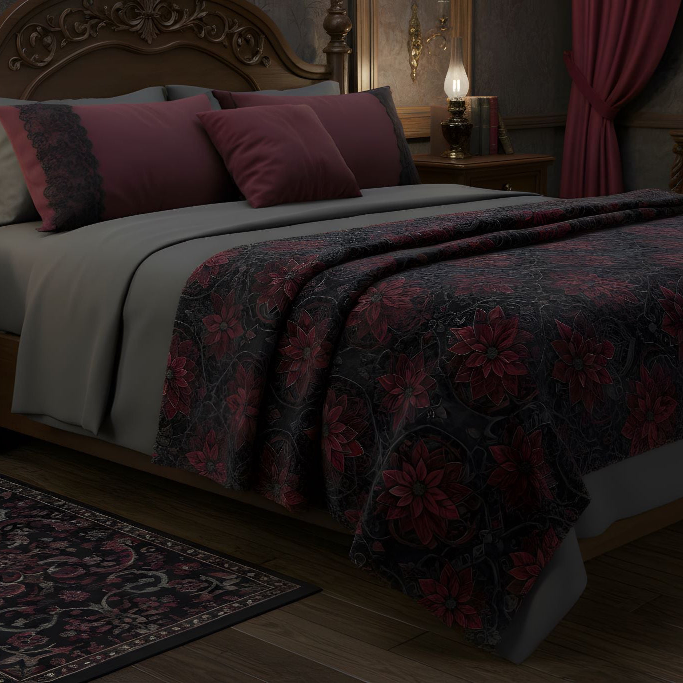 Dark-themed bedroom with floral bedding and decorative elements.
