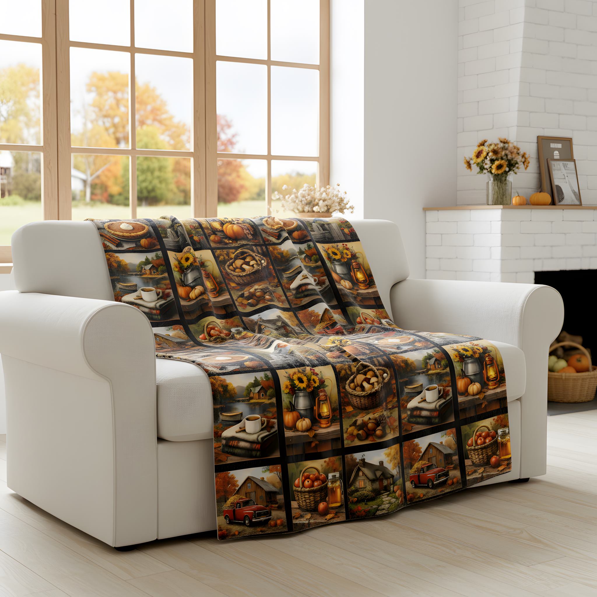 Fall patchwork throw blanket in an Autumn styled living room.