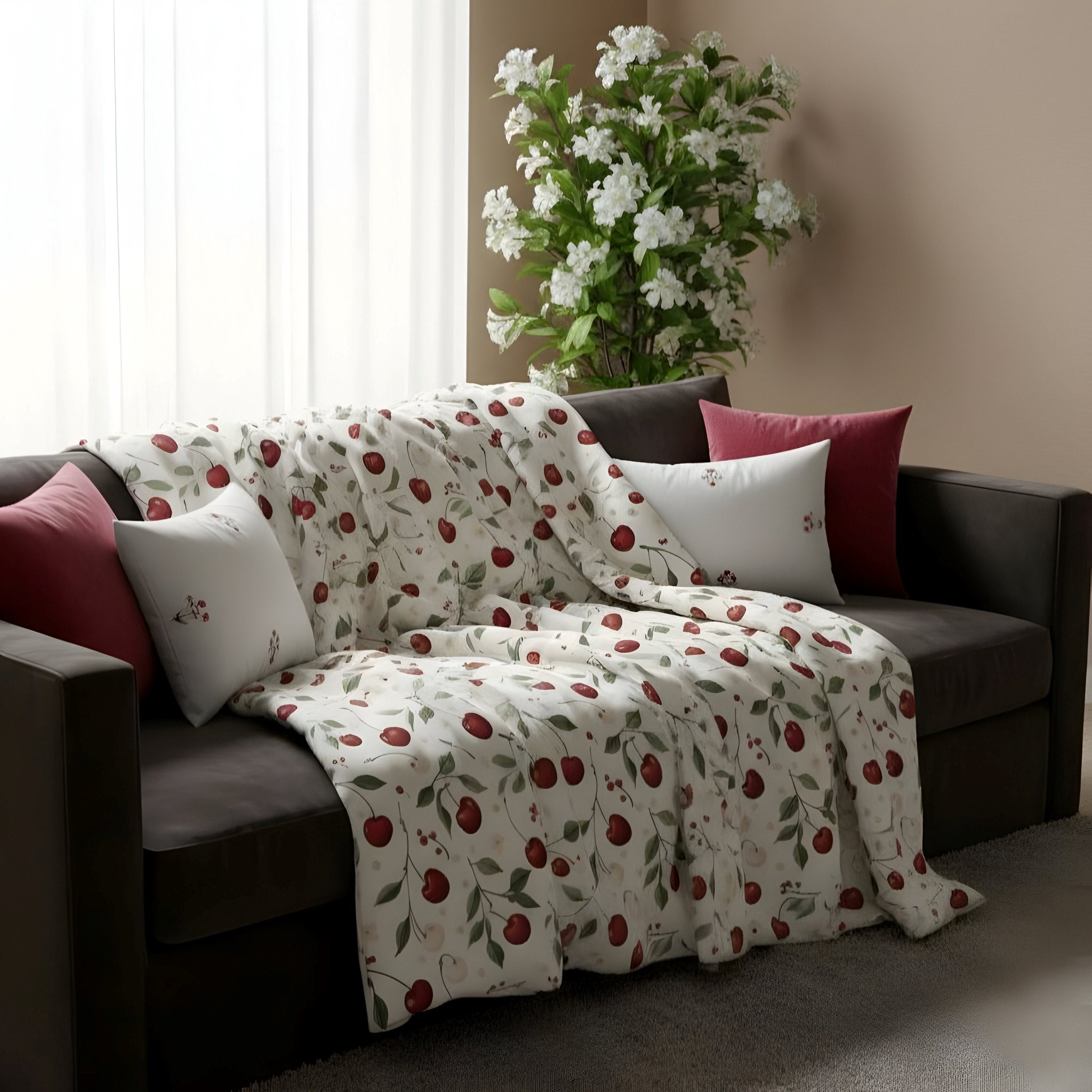 Cherry summer blanket draped over a sofa with decorative pillows in a living room setting.