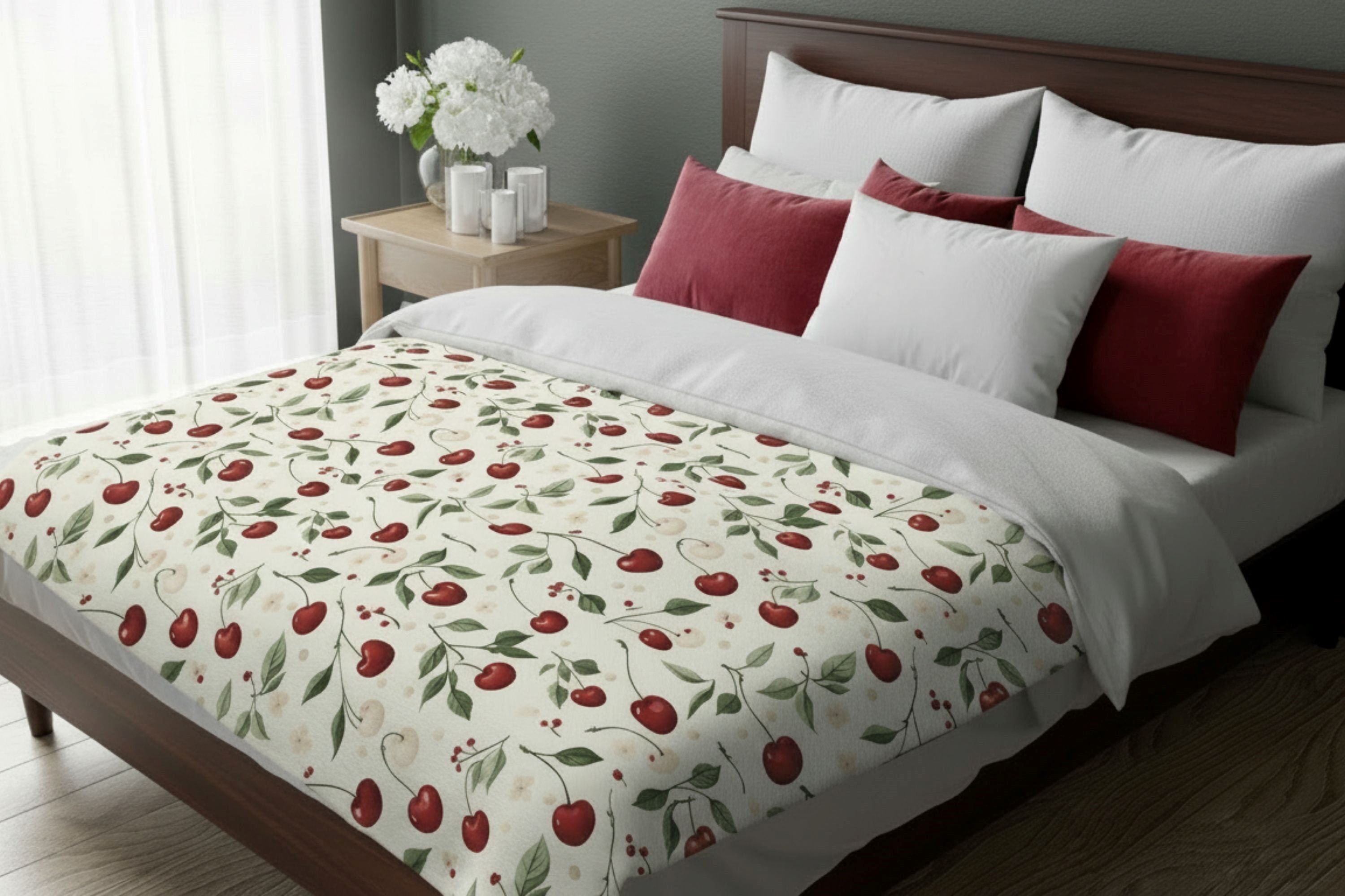 Bed with a botanical cherry throw blanket and red and white pillows in a bedroom setting.
