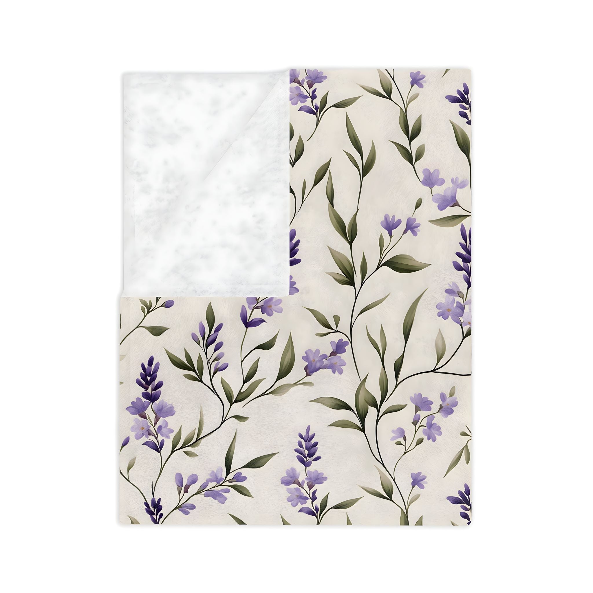 Lavender floral-patterned velveteen blanket folded.