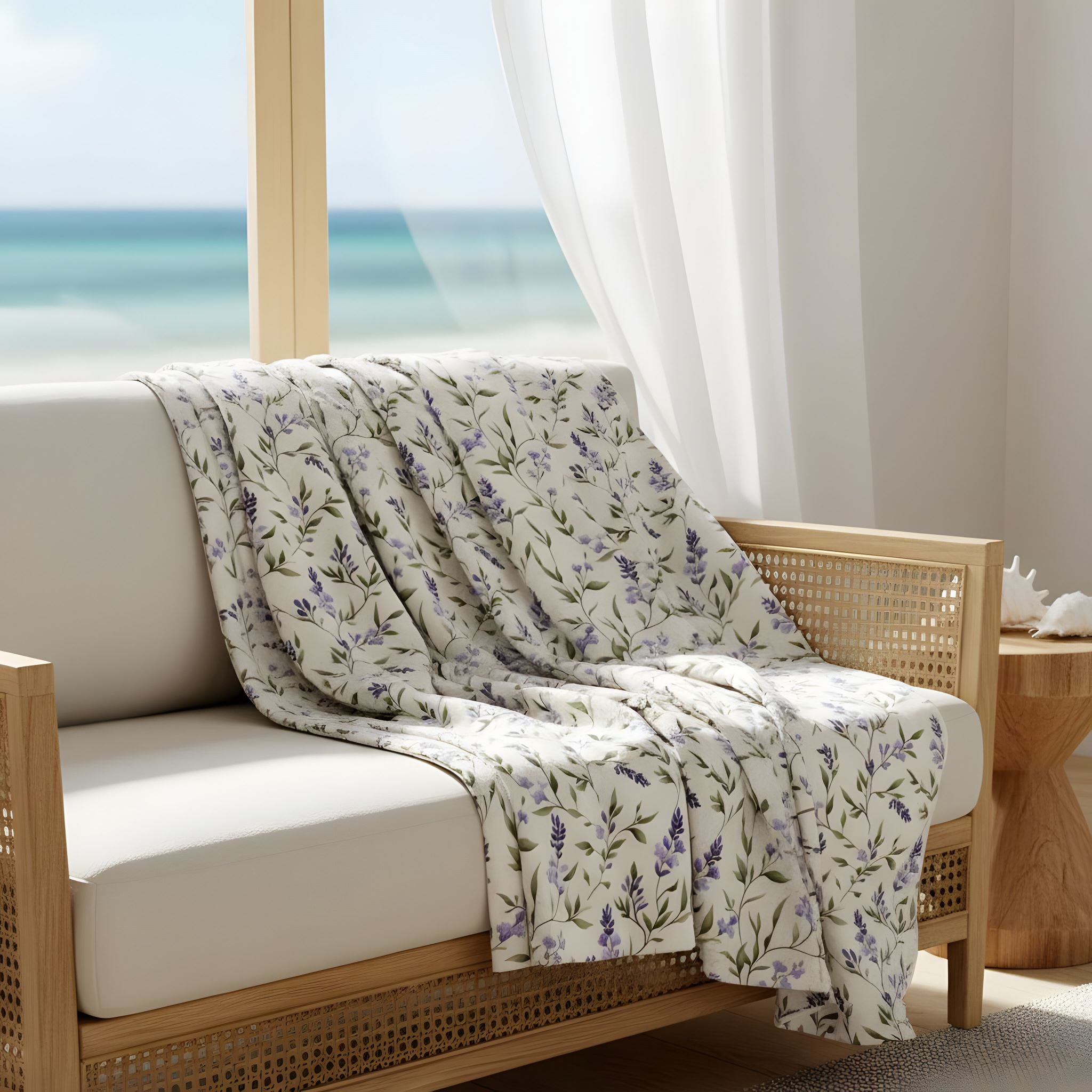 Lavender blanket draped over a wooden sofa with a Coastal Mediterranean view.