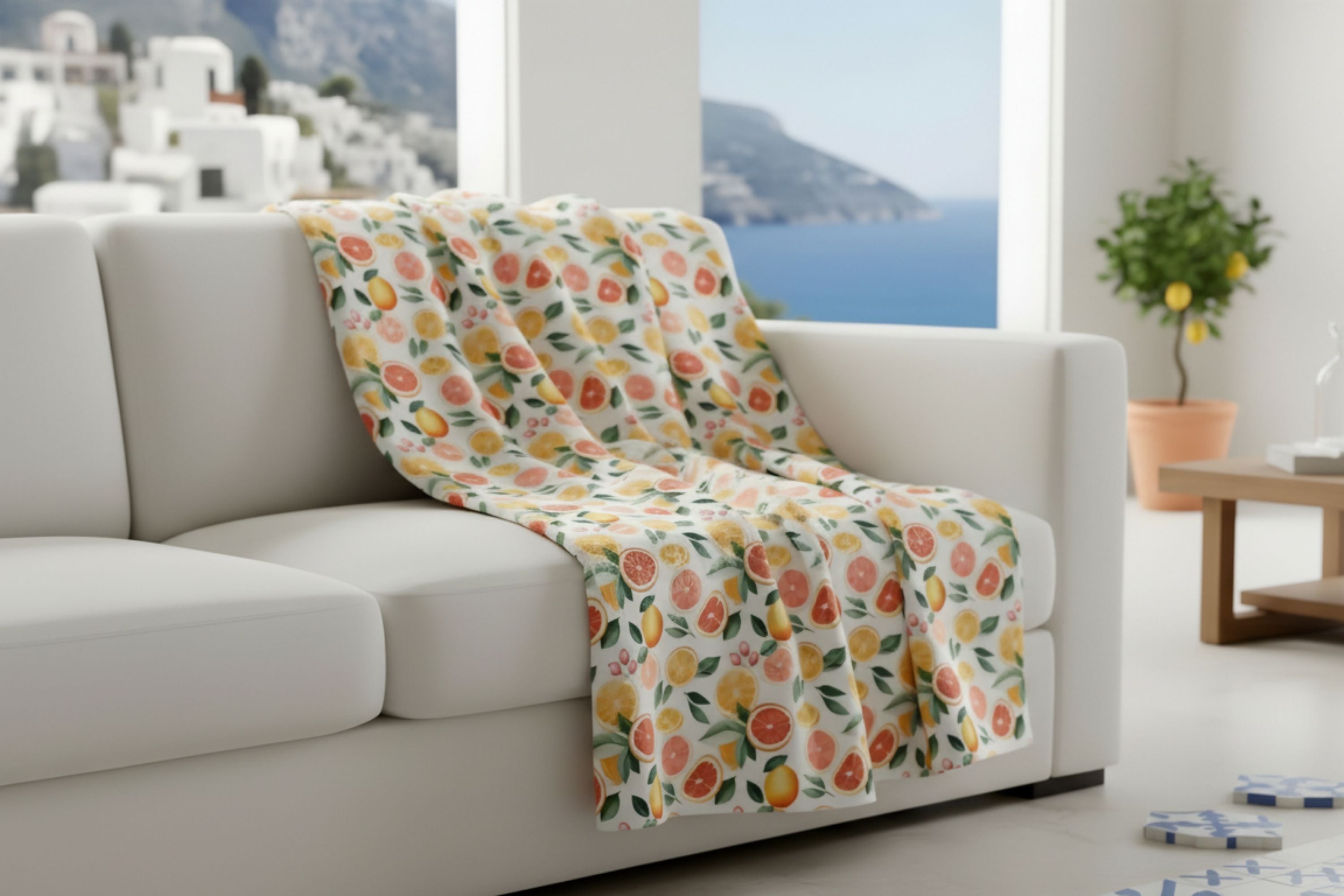Pink grapefruit throw blanket draped over a white sofa in a room with a scenic view.