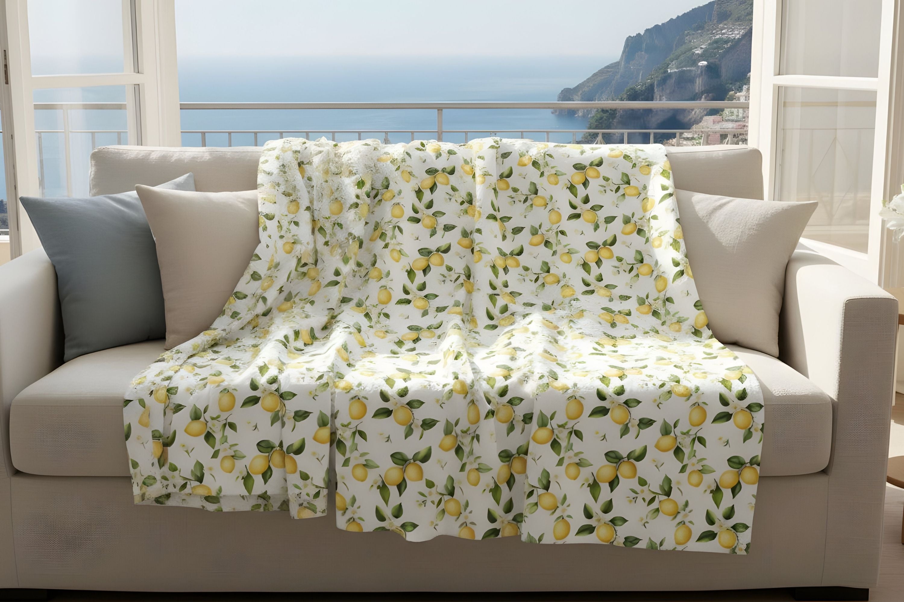 Mediterranean sofa with a lemon-patterned blanket in a room with a view of the Amalfi Coast.