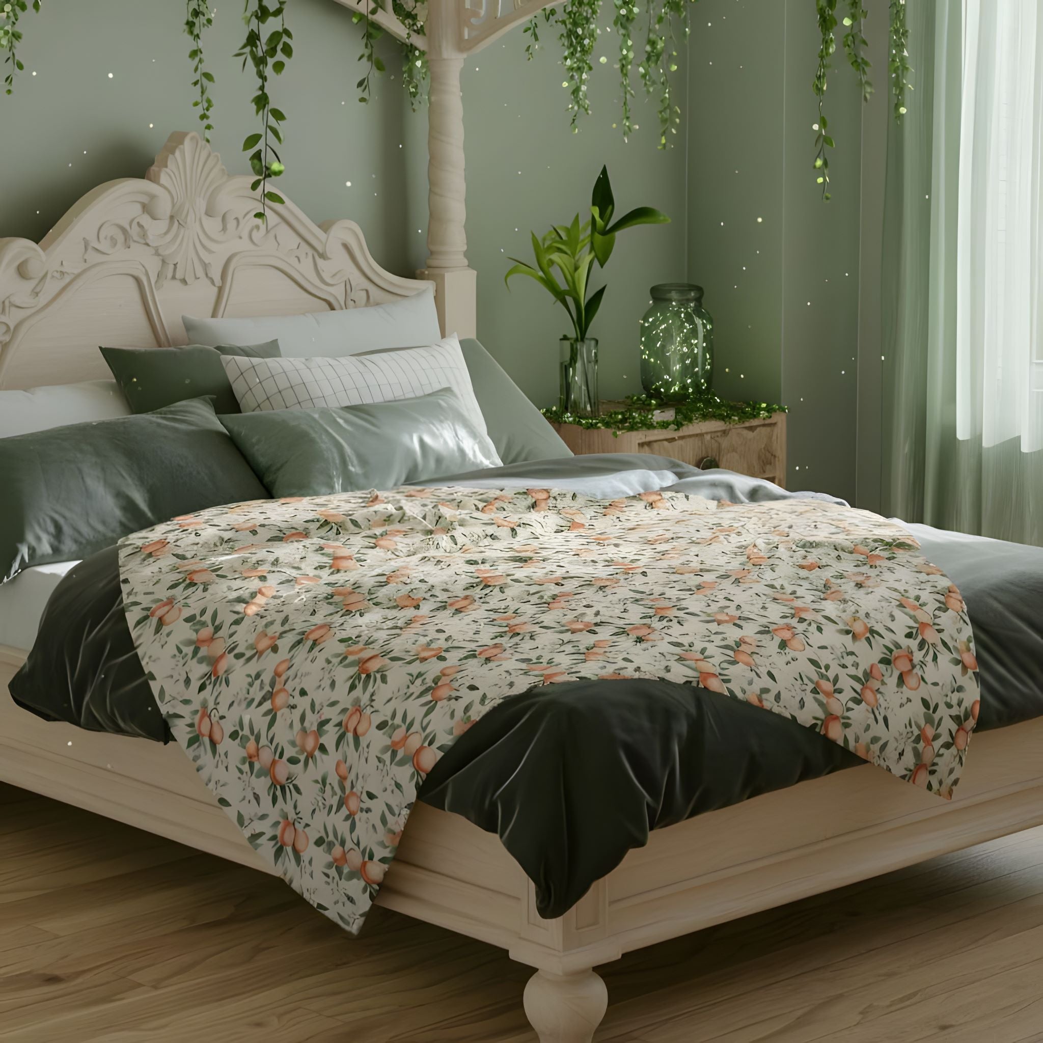 An enchanted cottage bedroom with a white bed and a 50x60" peach pattern blanket.