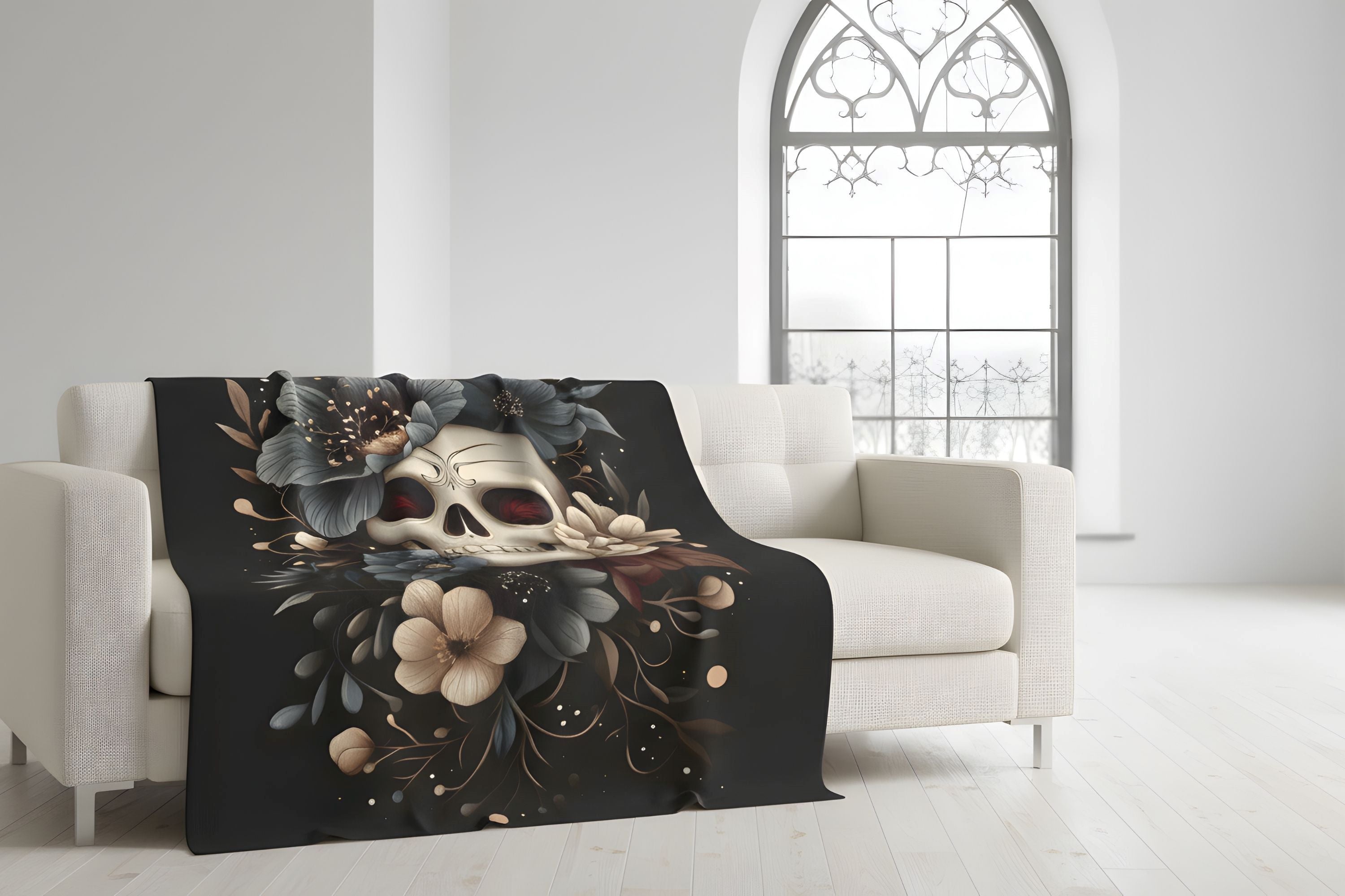 Dark floral skull throw blanket for living room with moody botanical artwork in a lightweight velveteen material.