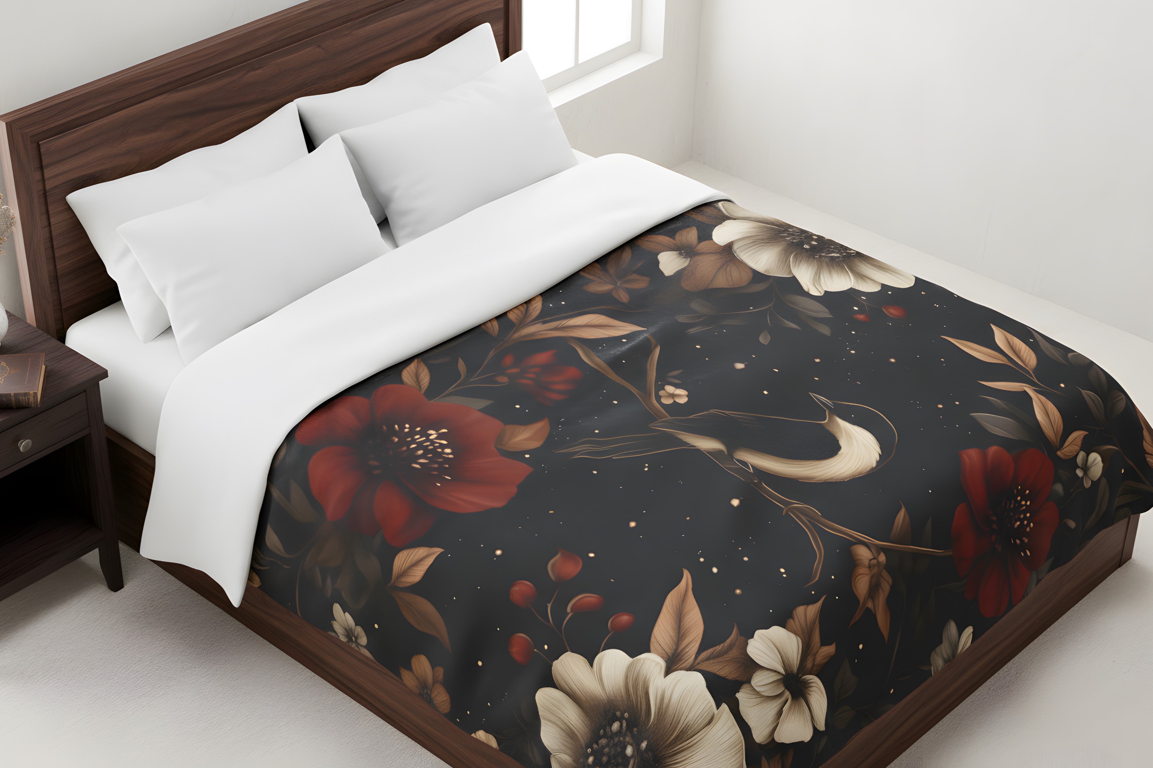 Velveteen throw blanket on bed with moody bird print, ivory flowers, and dark botanical background.