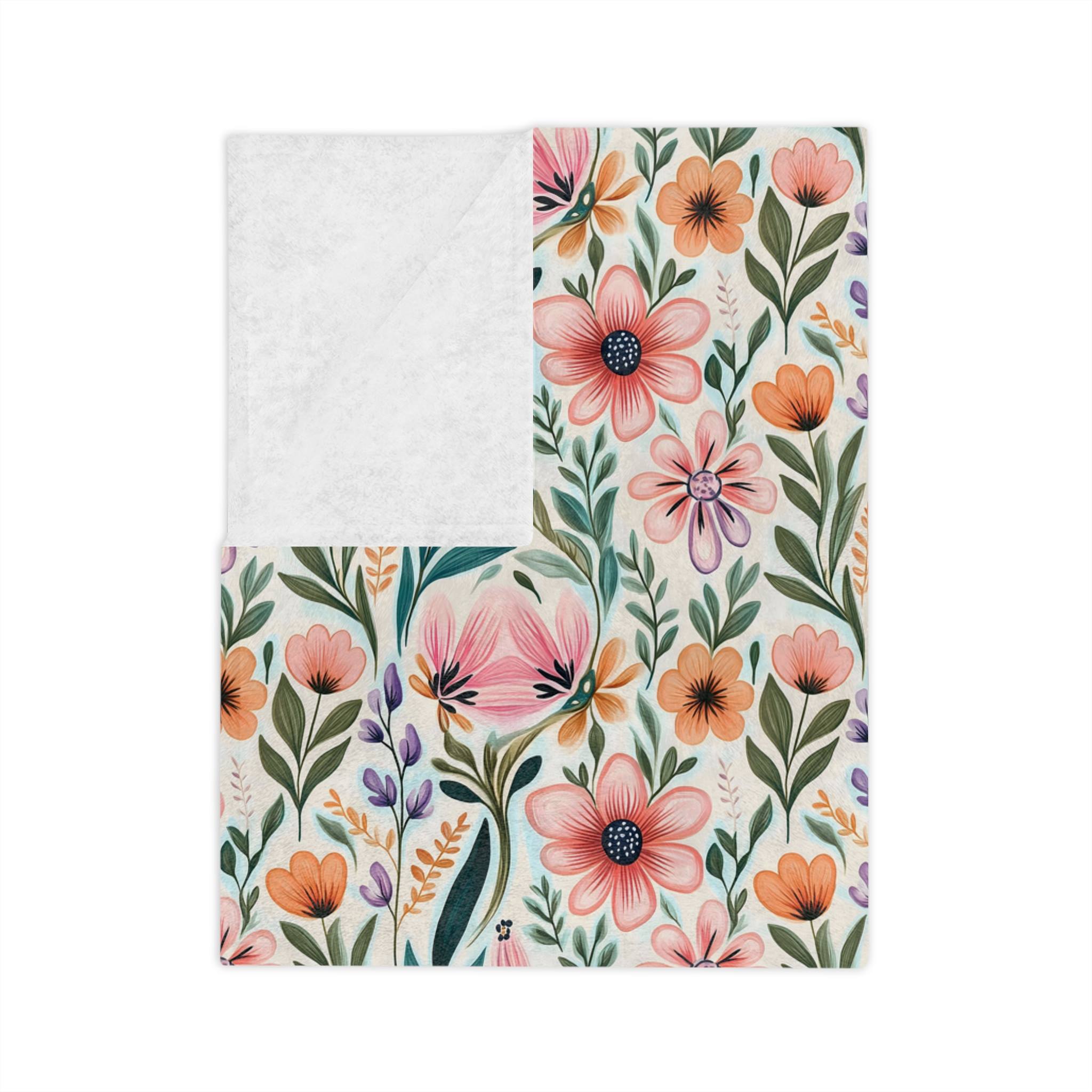 Folded pink botanical throw blanket with peach, sage, and lavender wildflower pattern with a white velveteen backside.