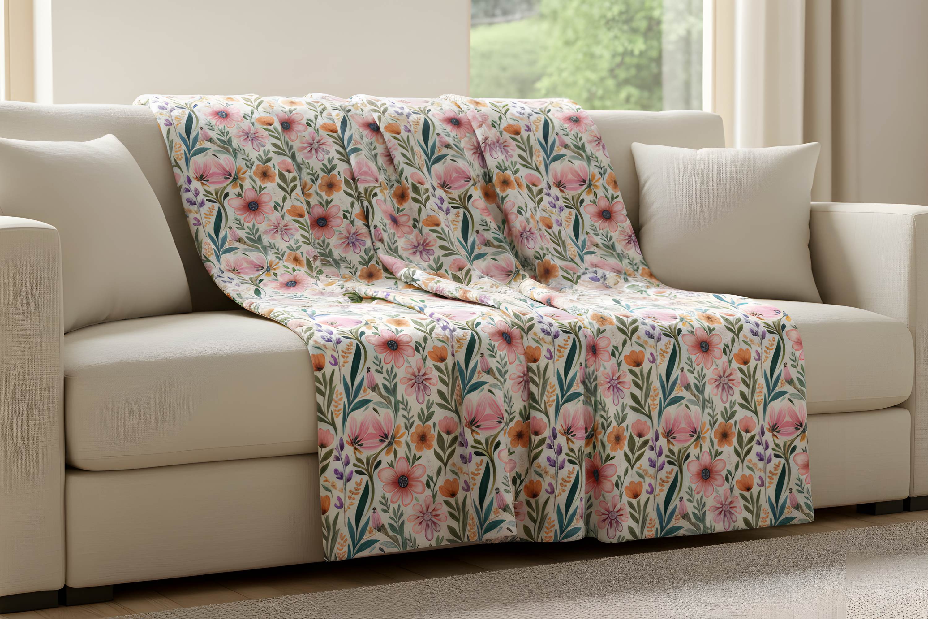 Oversized pink floral throw blanket spread across a cream couch in a light cottage-inspired room.