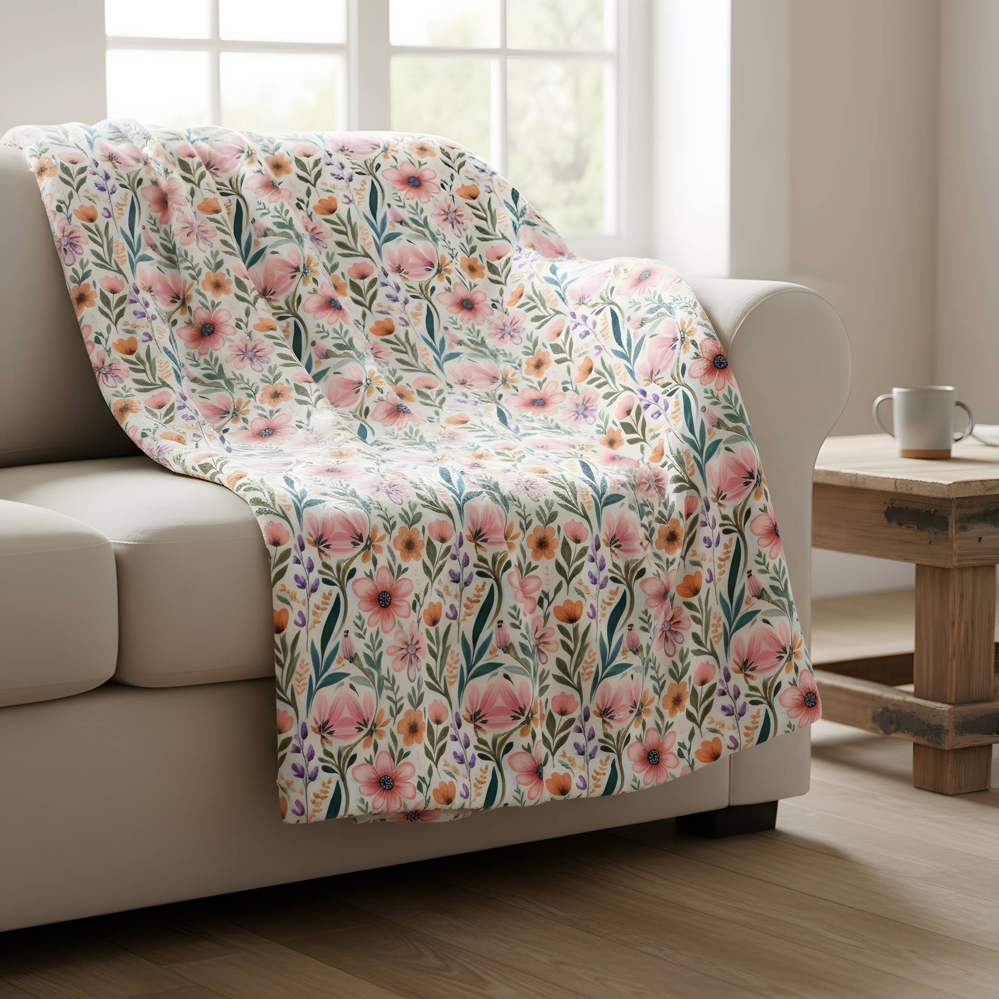 Pink floral velveteen throw blanket draped over a cream sofa in a bright cottage living room.