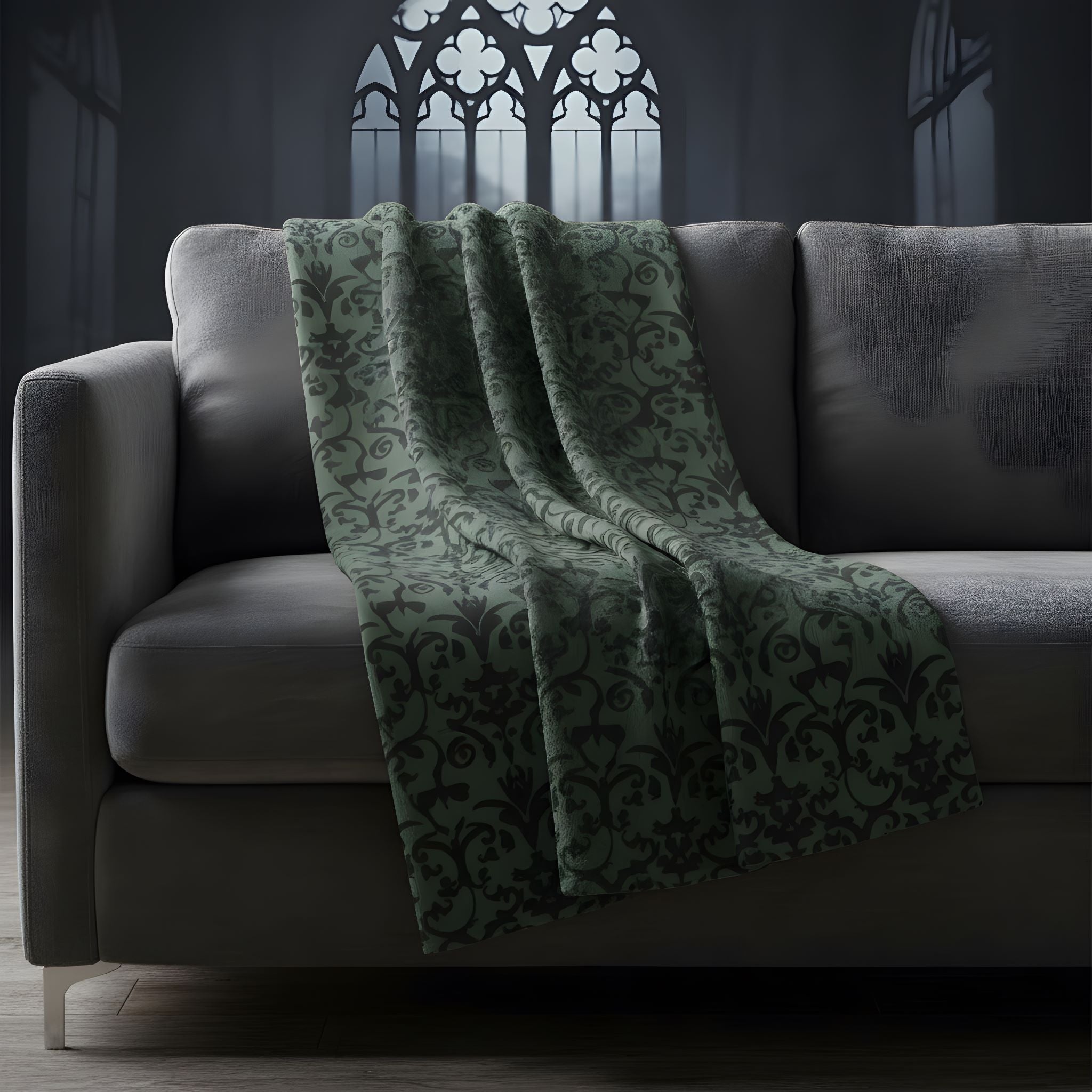 Green Gothic throw blanket draped over a gray sofa in a moody Victorian room.
