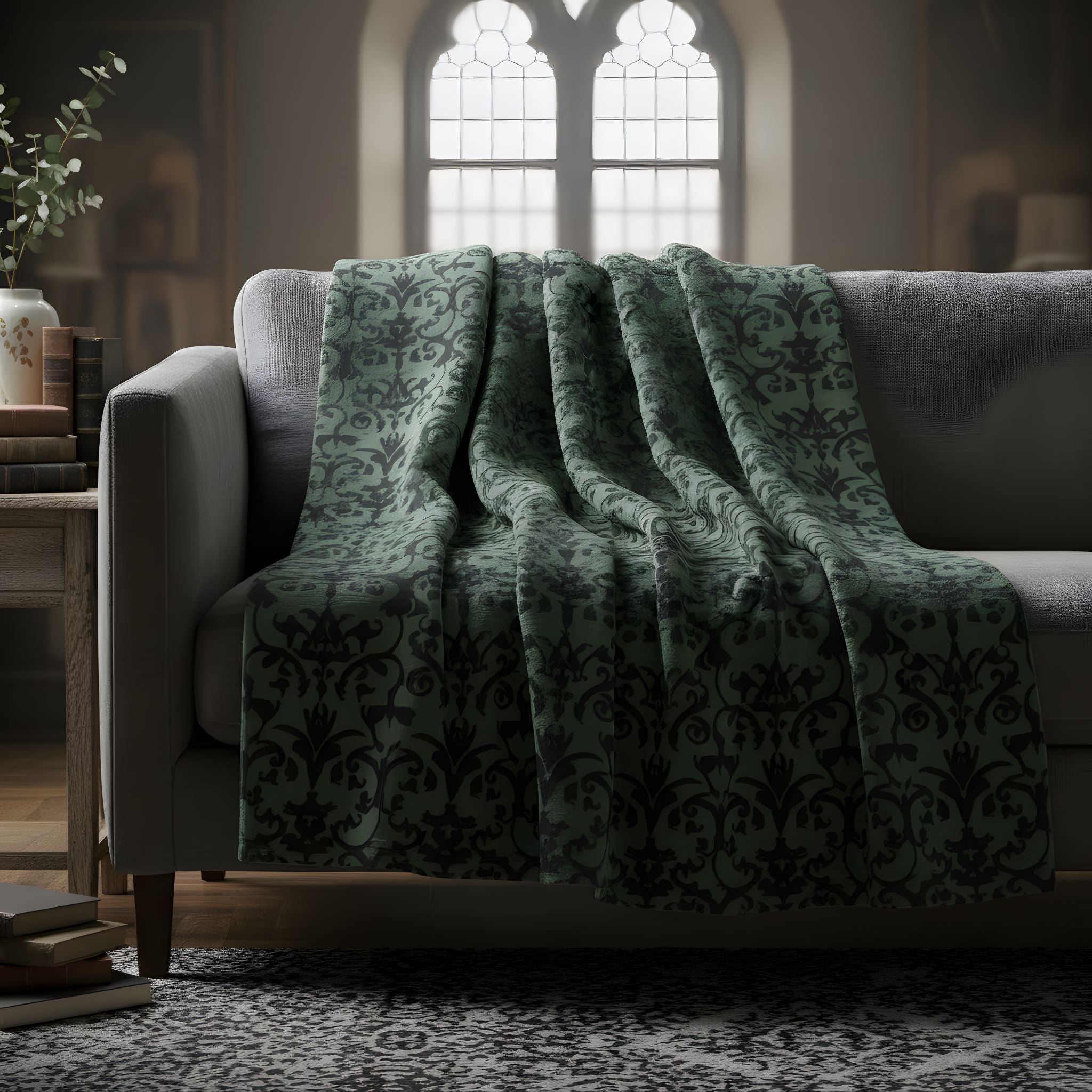 Green damask patterned blanket draped over a gray sofa in a cozy living room.