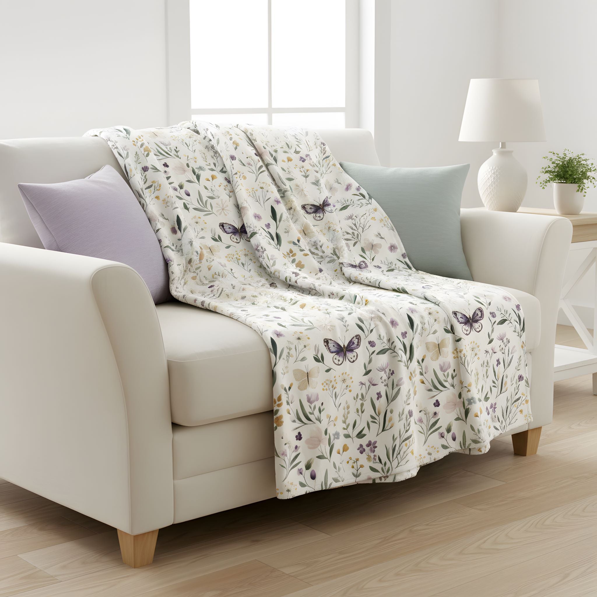 Cottage butterfly blanket draped across a white sofa with airy florals and soft botanical detail.