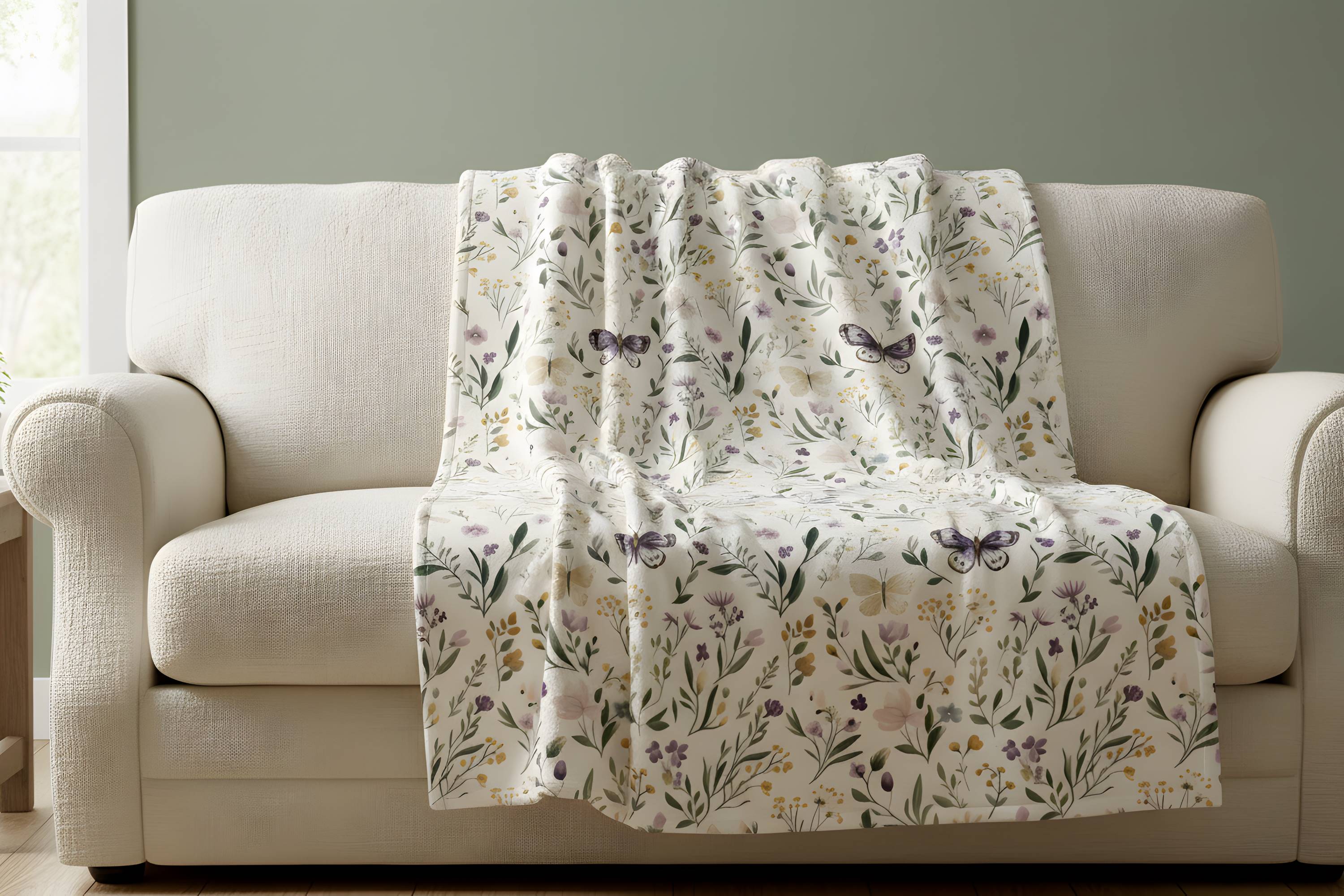 Meadow Wings blanket spread over a light sofa with butterflies, florals, and soft garden-inspired color.
