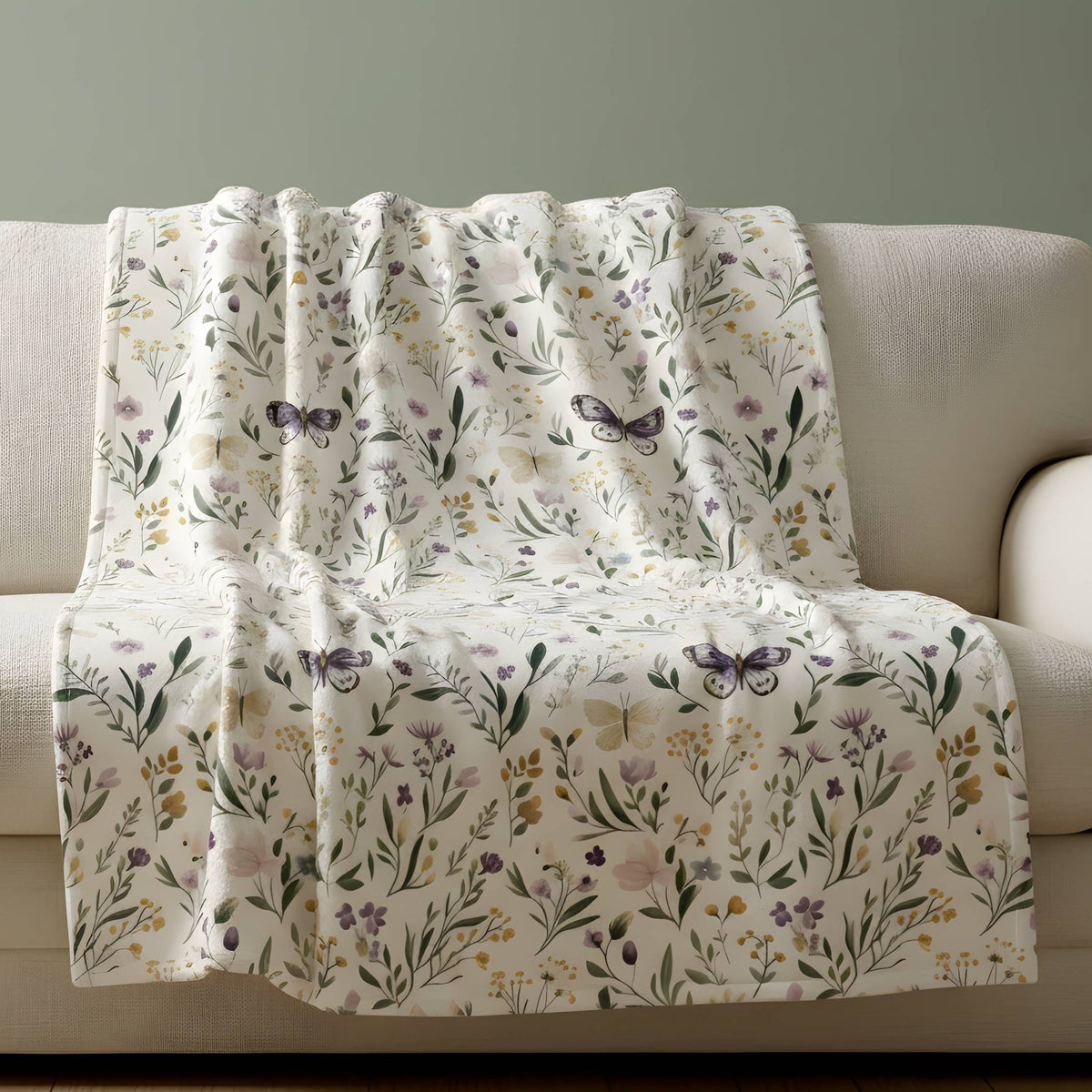 Meadow Wings blanket spread over a light sofa with butterflies, florals, and soft garden-inspired color.
