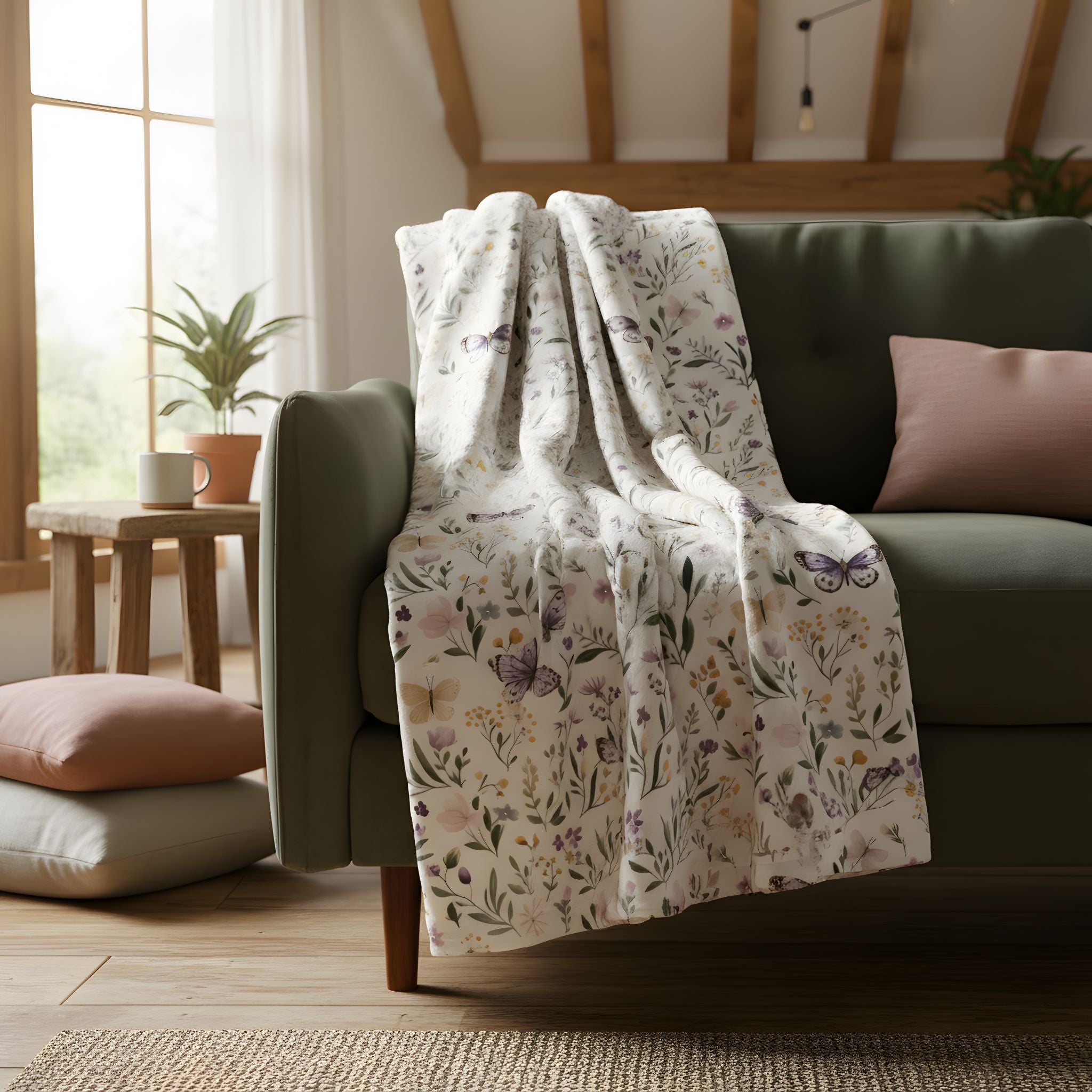 Butterfly floral throw blanket draped over a pale green sofa with soft cottage-inspired botanical print
