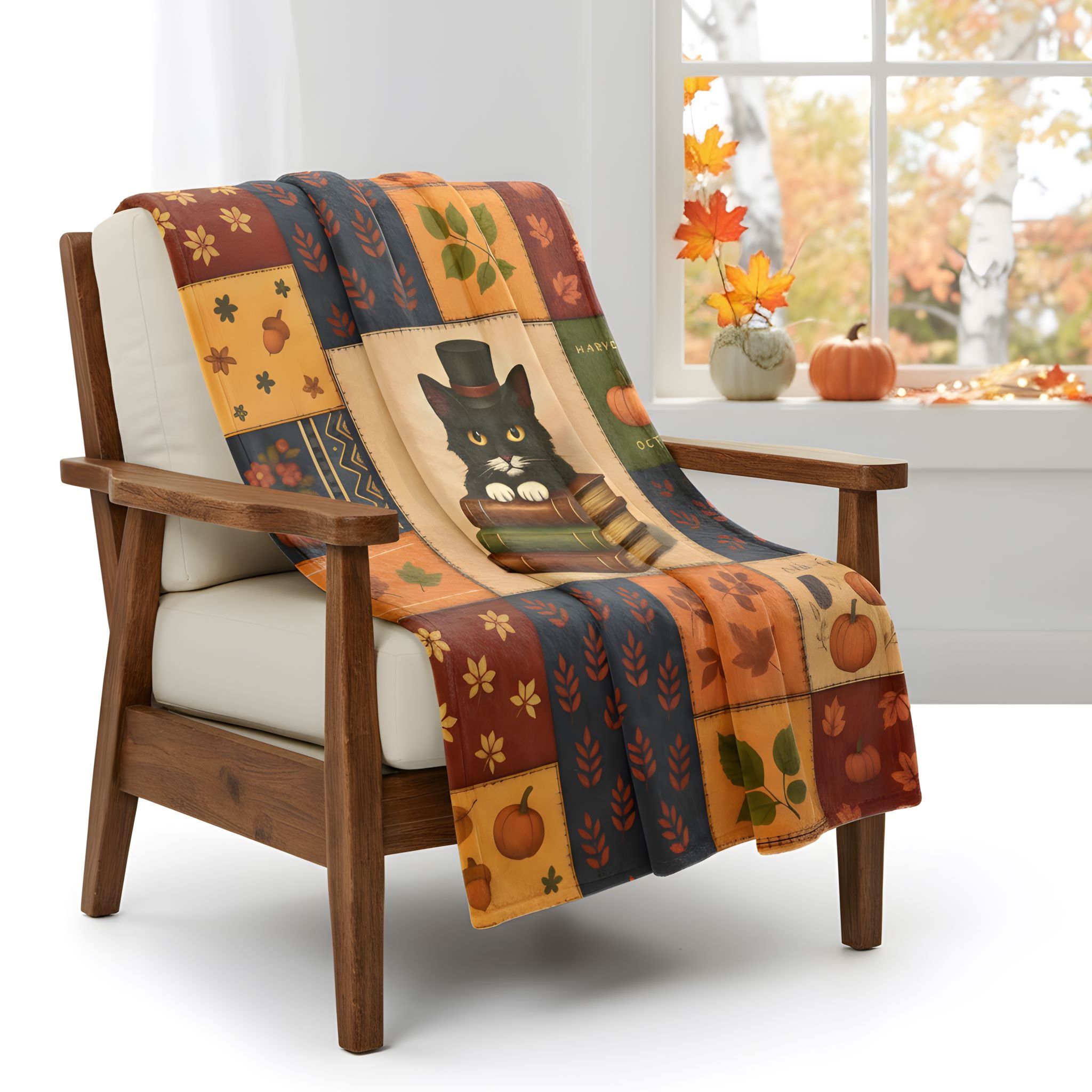 Wooden armchair with a fall colored blanket featuring autumn-themed patterns, set against a window with fall decorations.