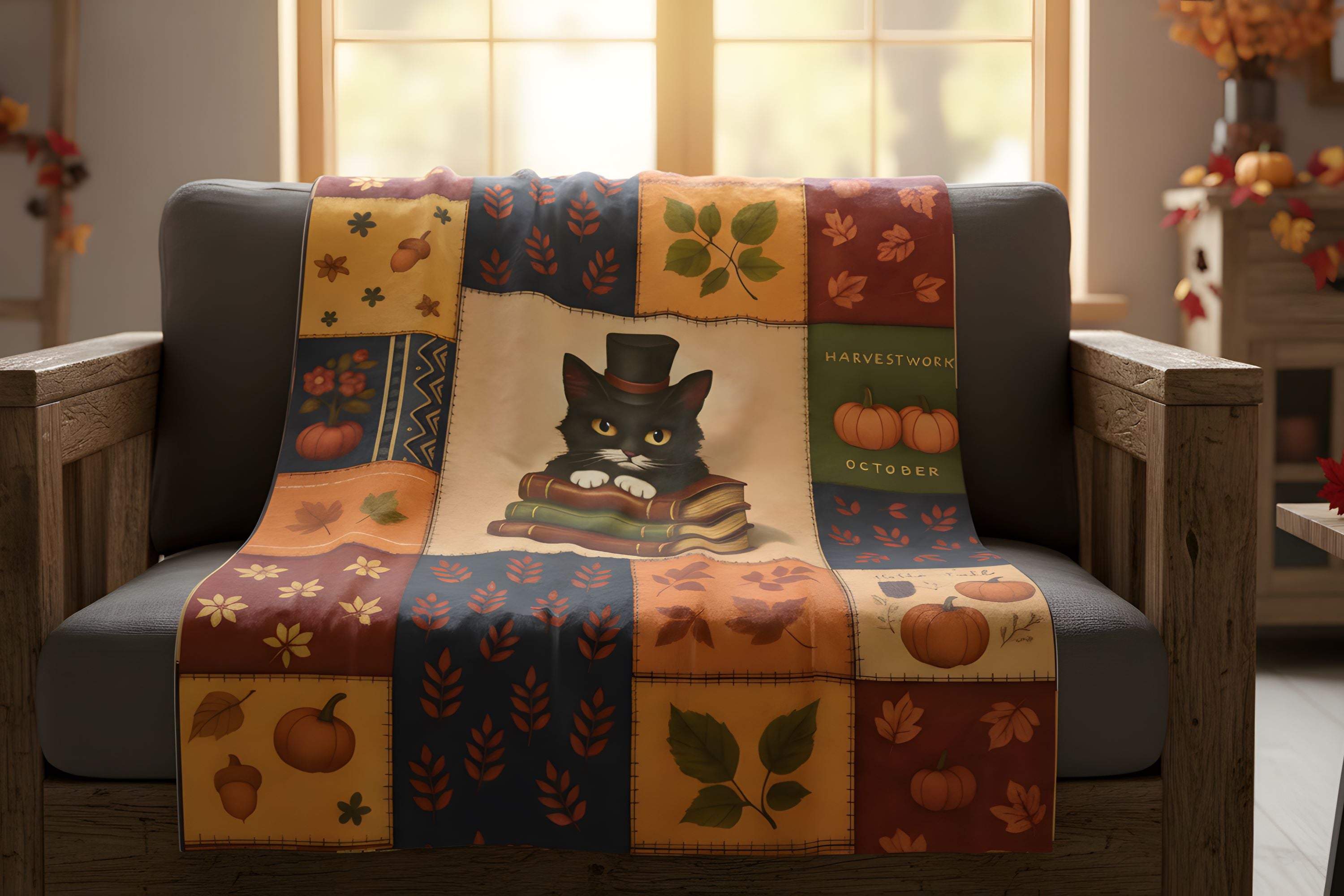 Halloween throw blanket with autumn-themed patterns draped over a chair in a room with windows.