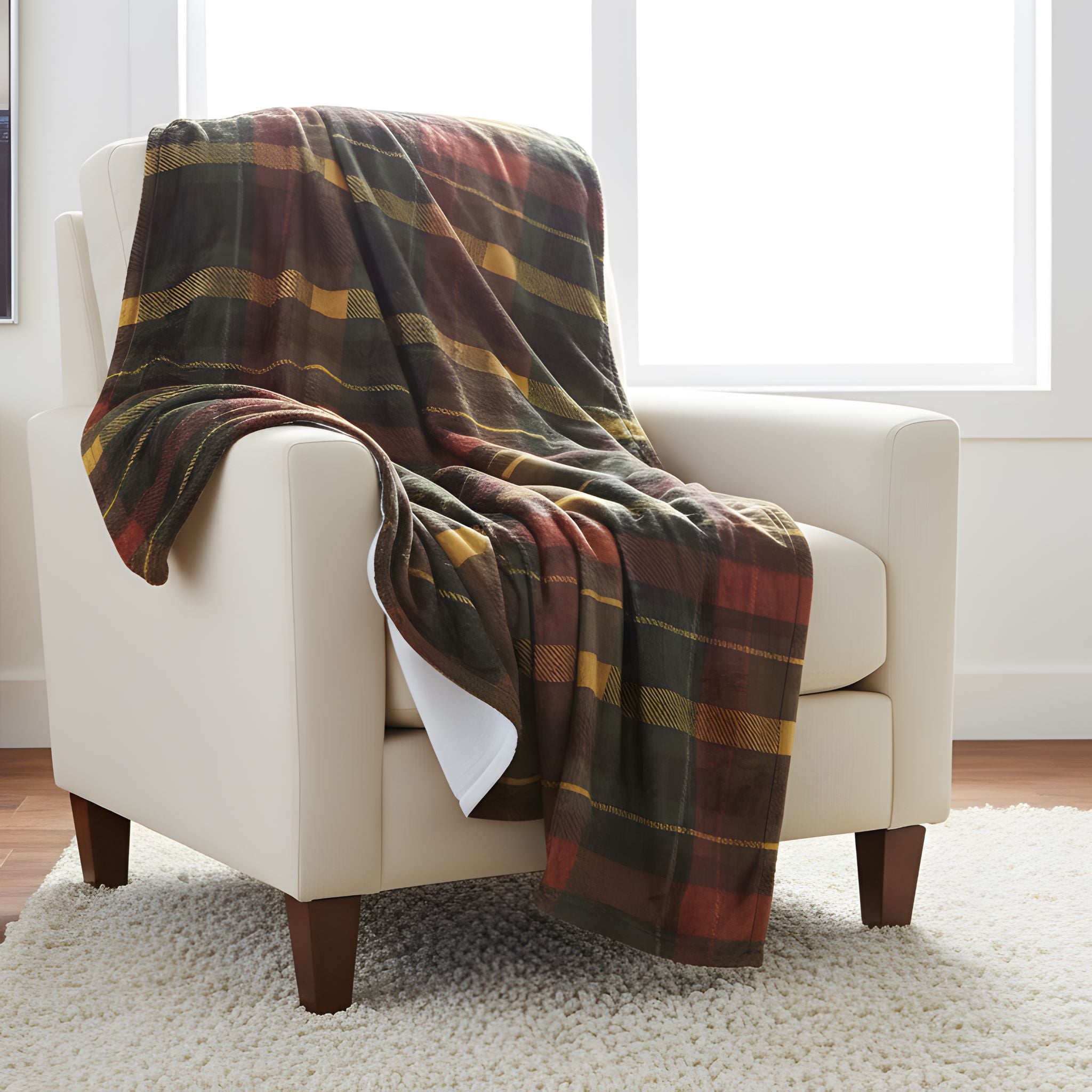 Rustic plaid sherpa blanket draped over a cream armchair in a cozy cottage-style room.