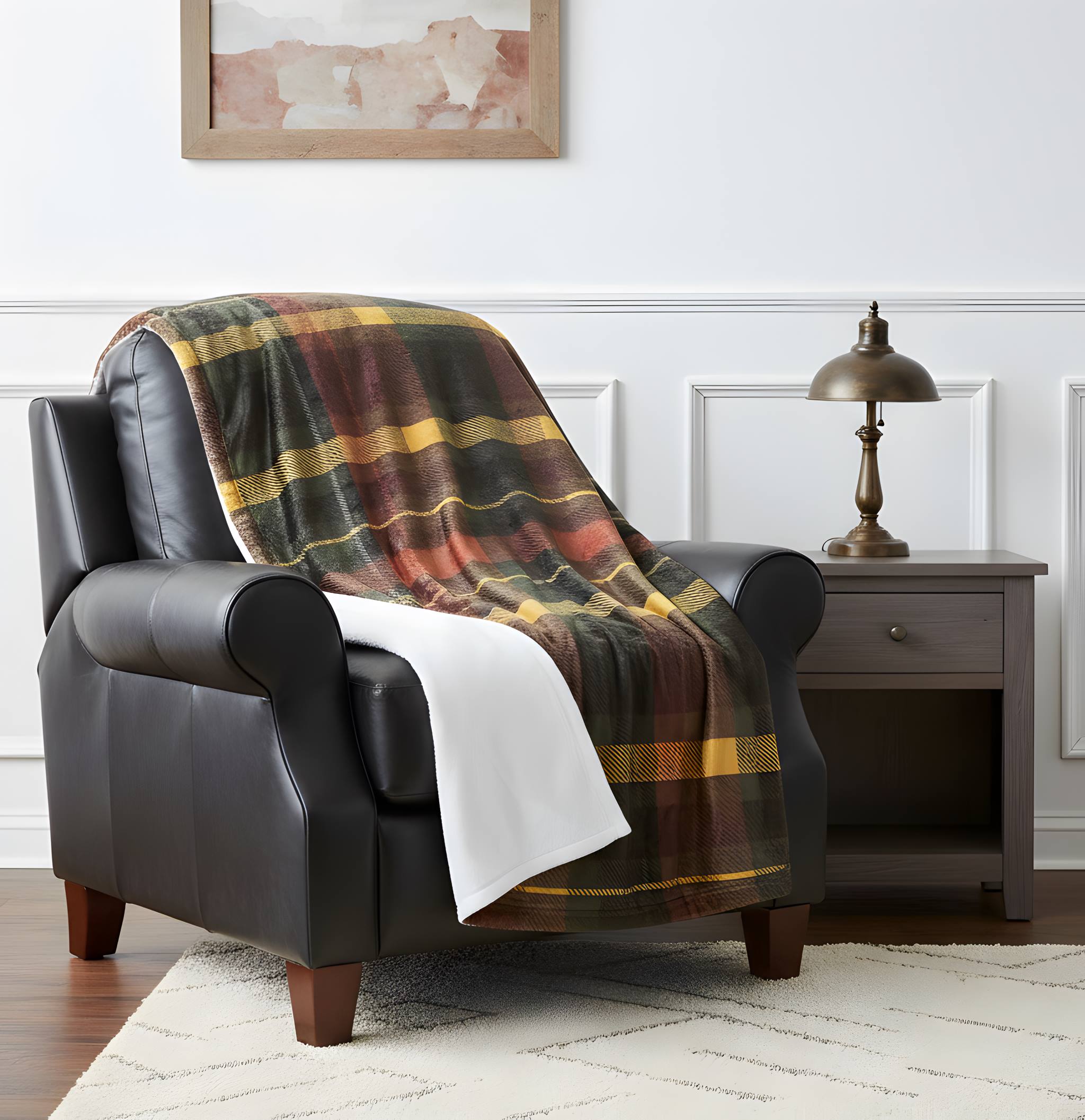 Rustic cottage plaid blanket draped over a charcoal armchair beside a table lamp.