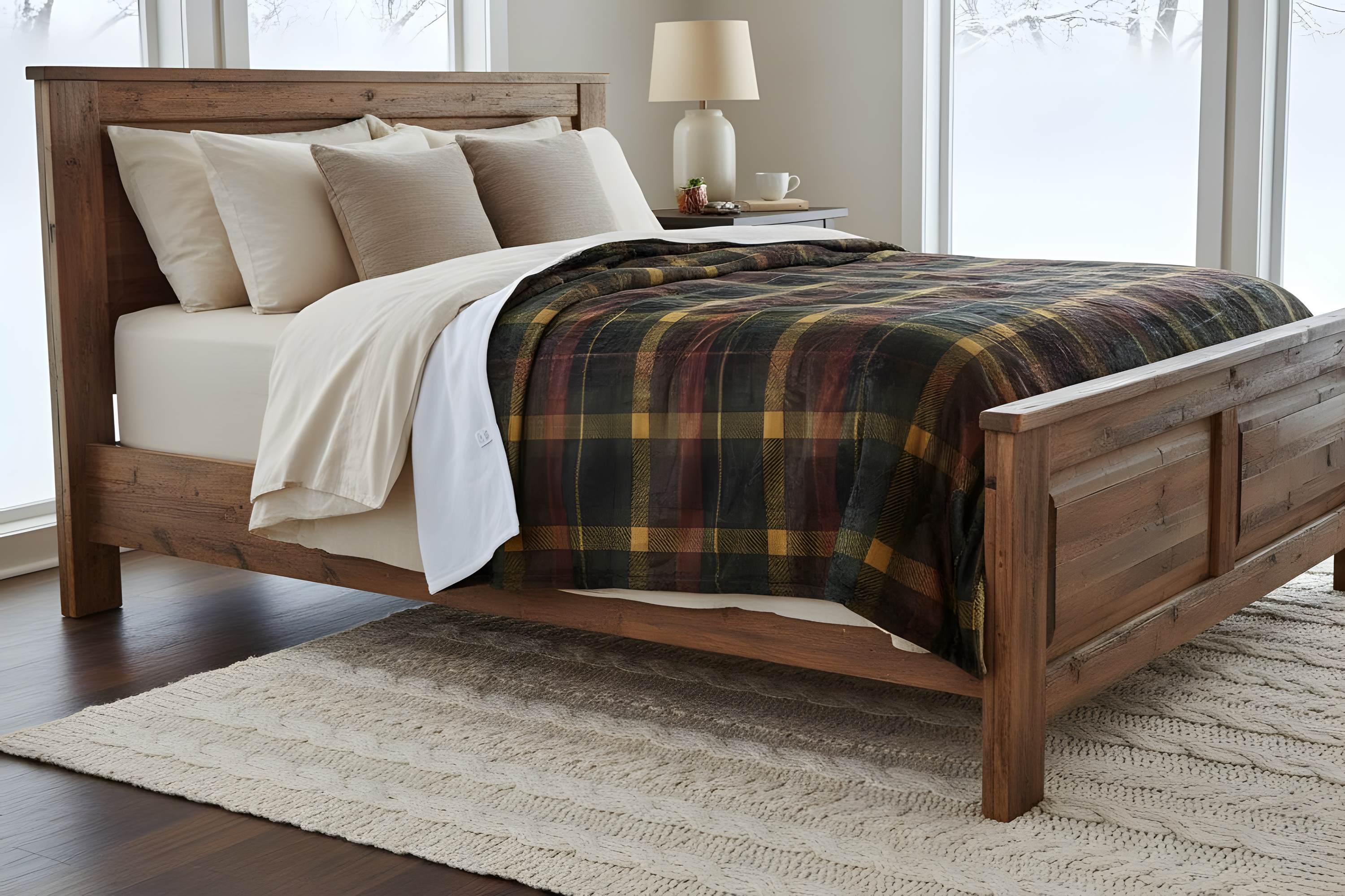 Oversized rustic plaid blanket spread across a winter wooden bed in a cozy lodge-style bedroom.
