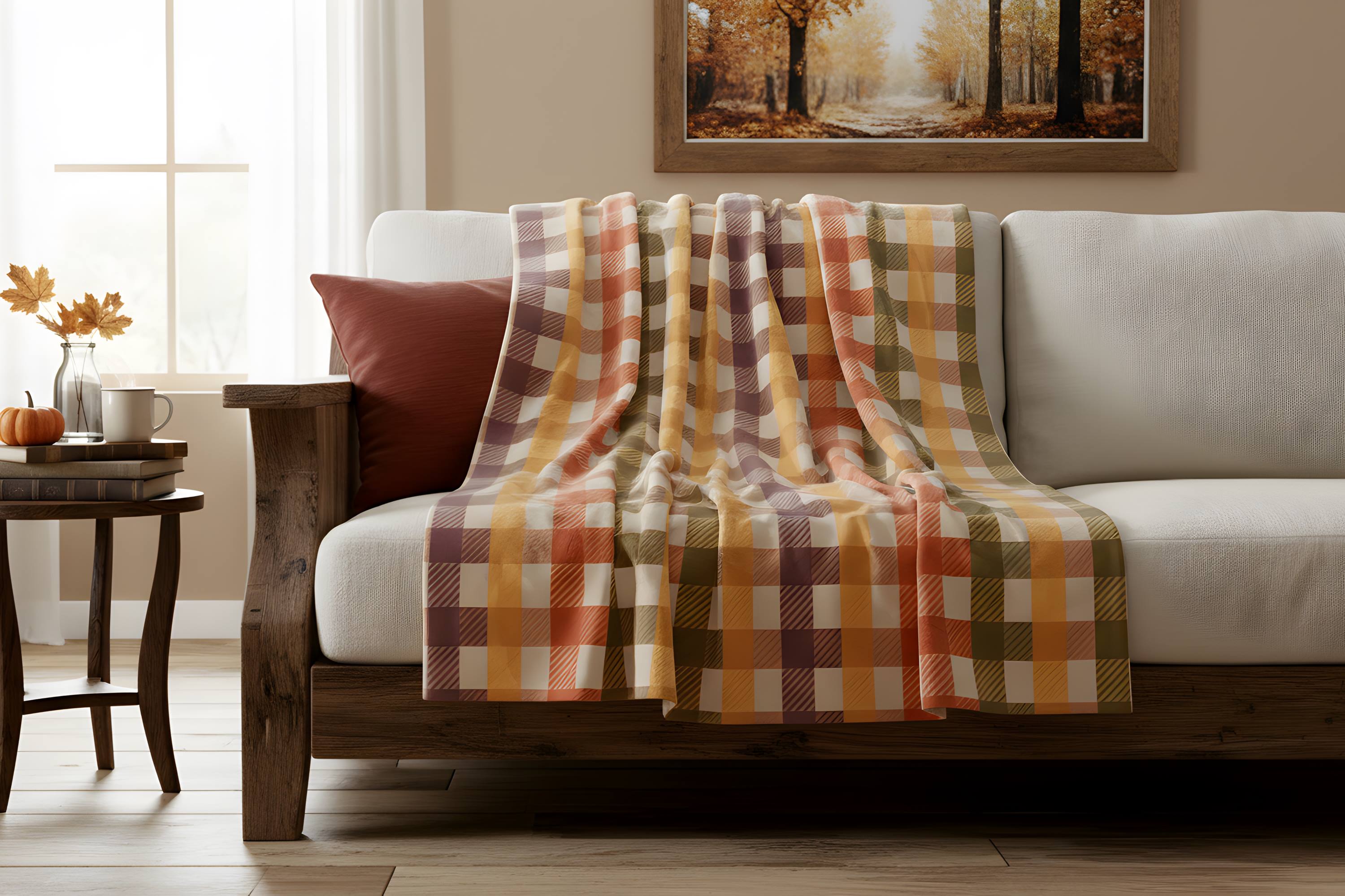 Autumn plaid throw blanket styled on a sofa in a bright cottage-inspired room with fall tones.