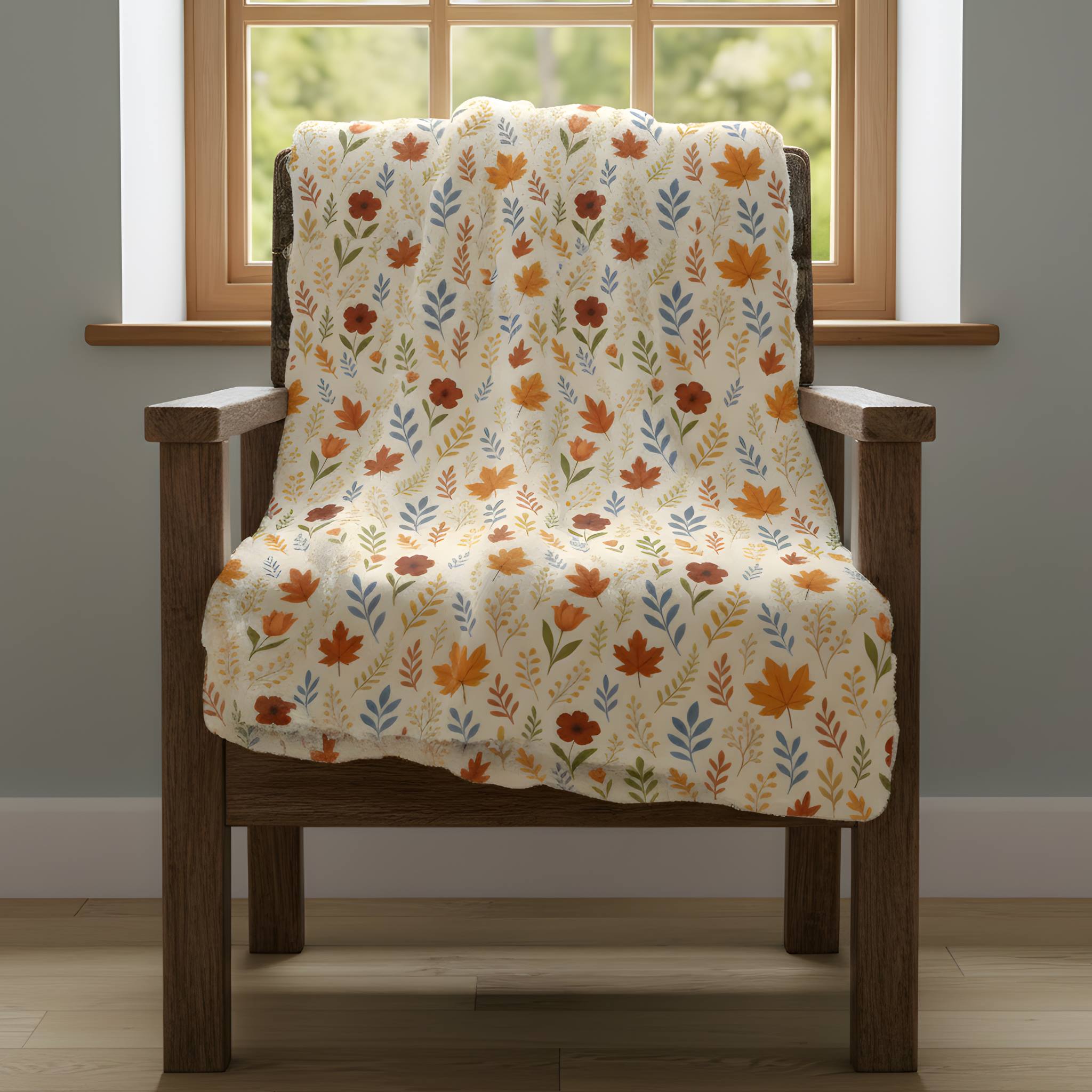 Wooden chair with an Autumn leaf blanket draped over it, in a room with a window.