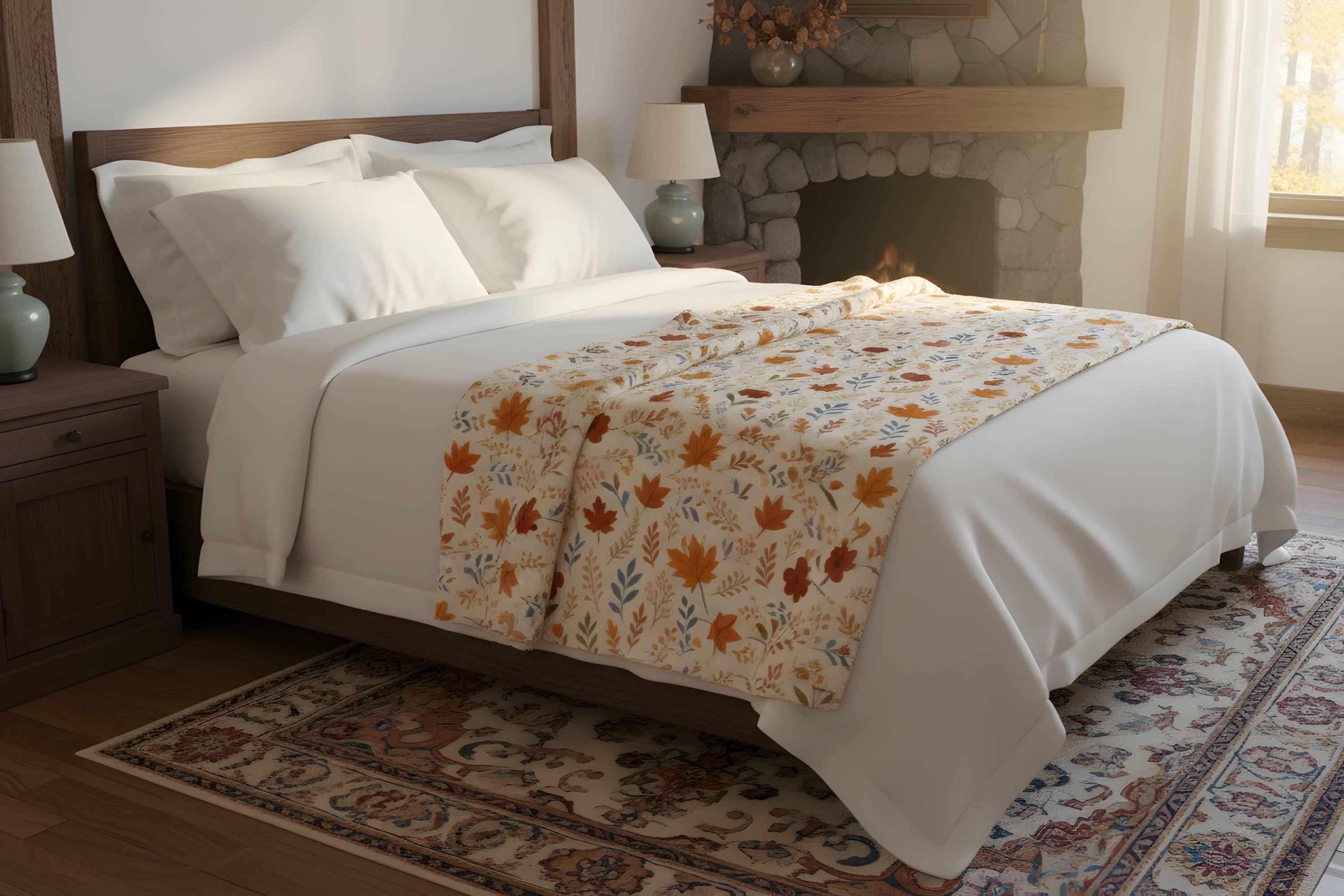 Thanksgiving styled bedroom with a cozy Autumn leaf throw blanket.